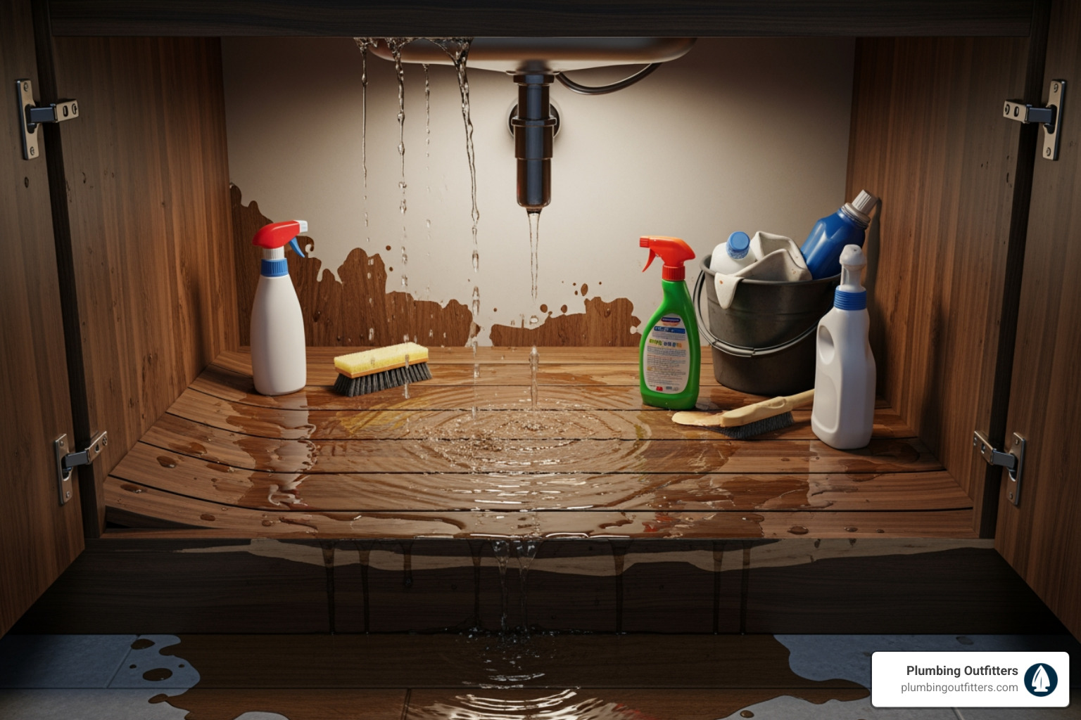 A significant water leak under a kitchen sink, with water pooling on the cabinet floor - Plumbing Repair in Austin, TX A significant water leak under a kitchen sink, with water pooling on the cabinet floor - Plumbing Repair in Austin, TX