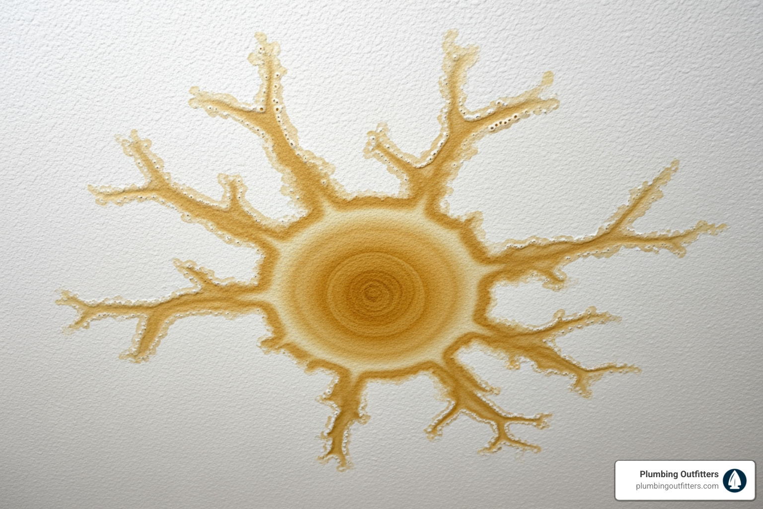 A distinct, spreading water stain on a residential ceiling, indicating a hidden plumbing leak. - Plumbing Repair in Round Rock, TX Water stain on ceiling resembling a sunburst pattern, indicating potential plumbing leak or water damage, relevant to plumbing repair issues in Round Rock, TX.