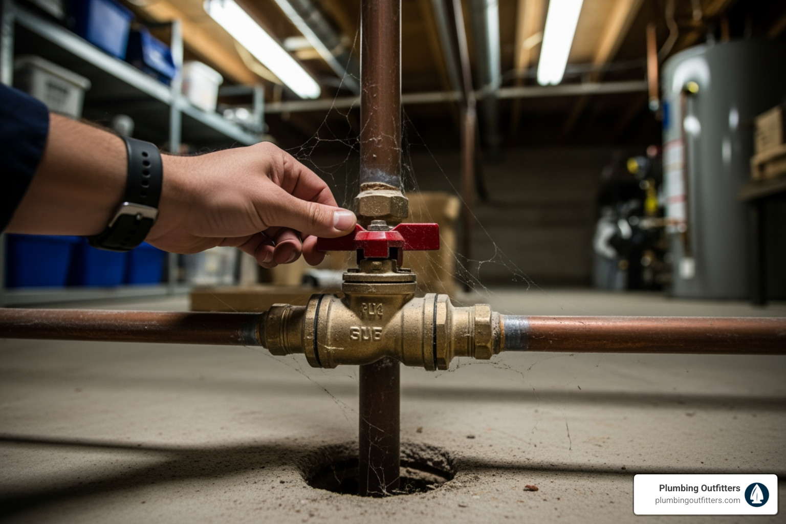 A hand reaching for a red main water shut-off valve, illustrating the importance of knowing its location in an emergency. - Plumbing Repair in Round Rock, TX Hand adjusting a red valve on a plumbing system in a basement, illustrating emergency plumbing repair techniques in Round Rock, TX.