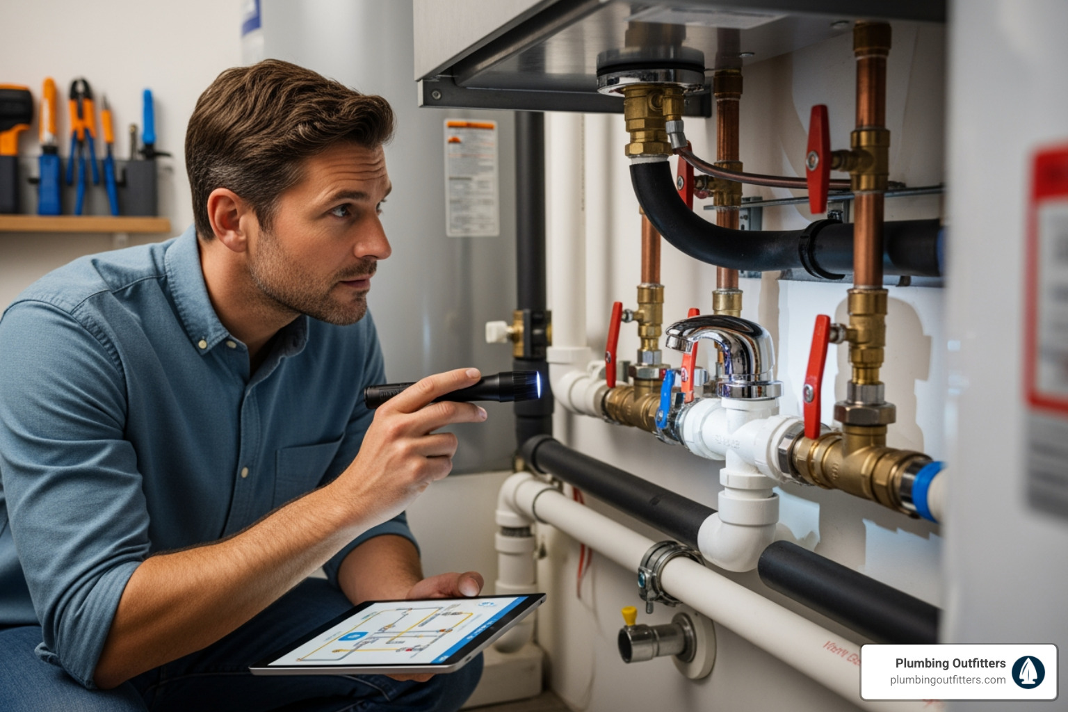 Infographic showing 5 smart strategies for plumbing repair: 1. Recognize warning signs like slow drains and water stains, 2. Understand common Round Rock challenges like hard water and clogs, 3. Choose a licensed local professional with insurance and guarantees, 4. Prepare for emergencies by knowing your shut-off valve location, 5. Practice preventative maintenance with annual inspections and drain care - Plumbing Repair in Round Rock, TX Man inspecting plumbing system with flashlight and tablet, highlighting plumbing repairs and maintenance, relevant to emergency plumbing strategies for homeowners.