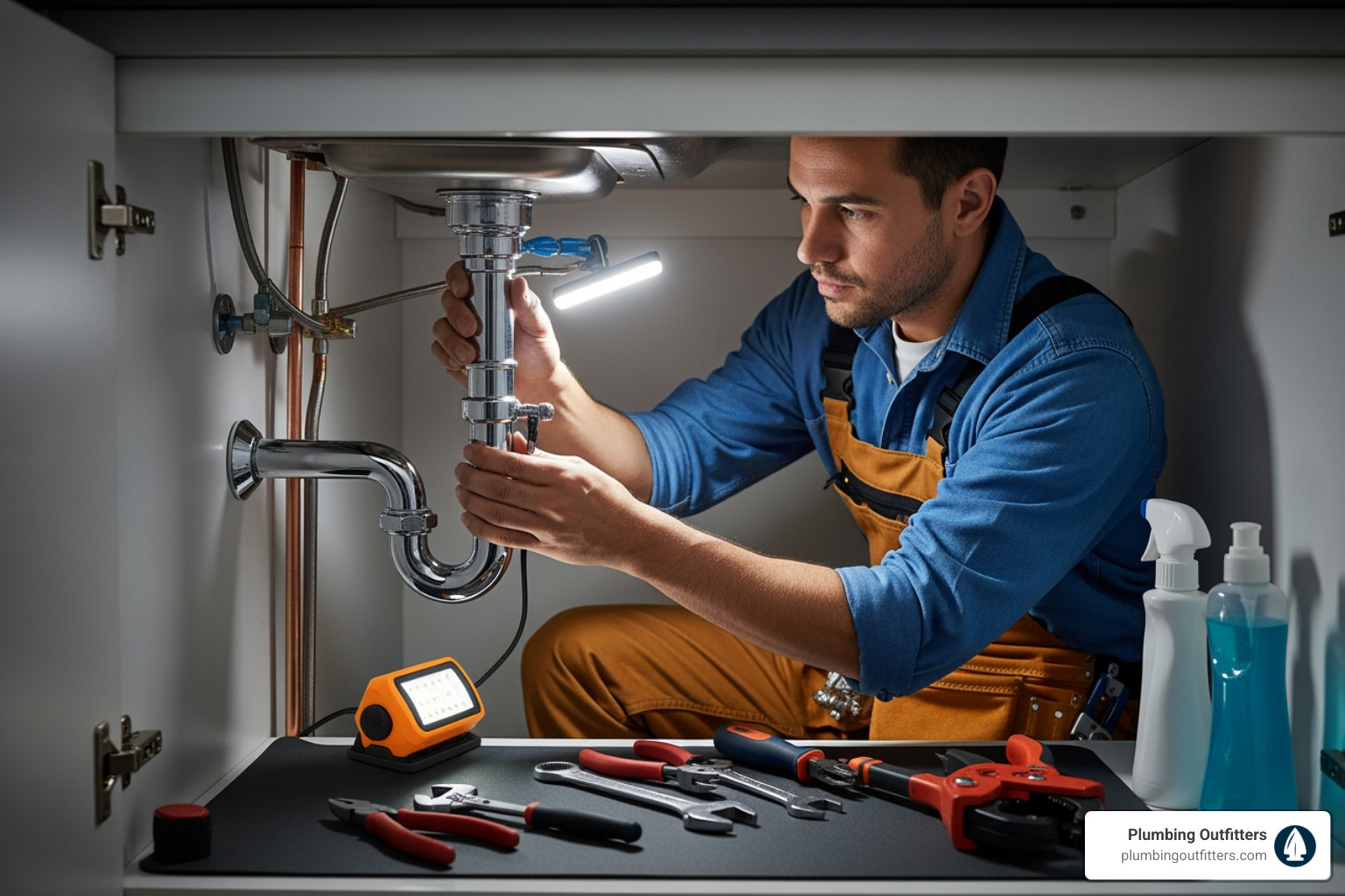 of a plumber working under a sink - Plumbing Repair in Taylor, TX Plumber repairing sink plumbing under cabinet with tools and work light, showcasing professional plumbing services in Taylor, TX.