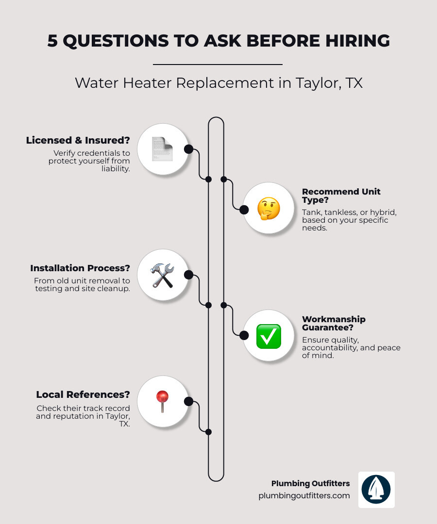 Infographic showing the 5 essential questions to ask before hiring a water heater replacement professional in Taylor TX, including licensing verification, unit type selection, installation scope, warranty coverage, and local references with checkmarks for each step - Water Heater Replacement in Taylor, TX infographic infographic-line-5-steps-elegant_beige 5 questions to ask before hiring for water heater replacement in Taylor, TX, including licensed and insured verification, recommended unit types, installation processes, workmanship guarantees, and local references, with Plumbing Outfitters branding.