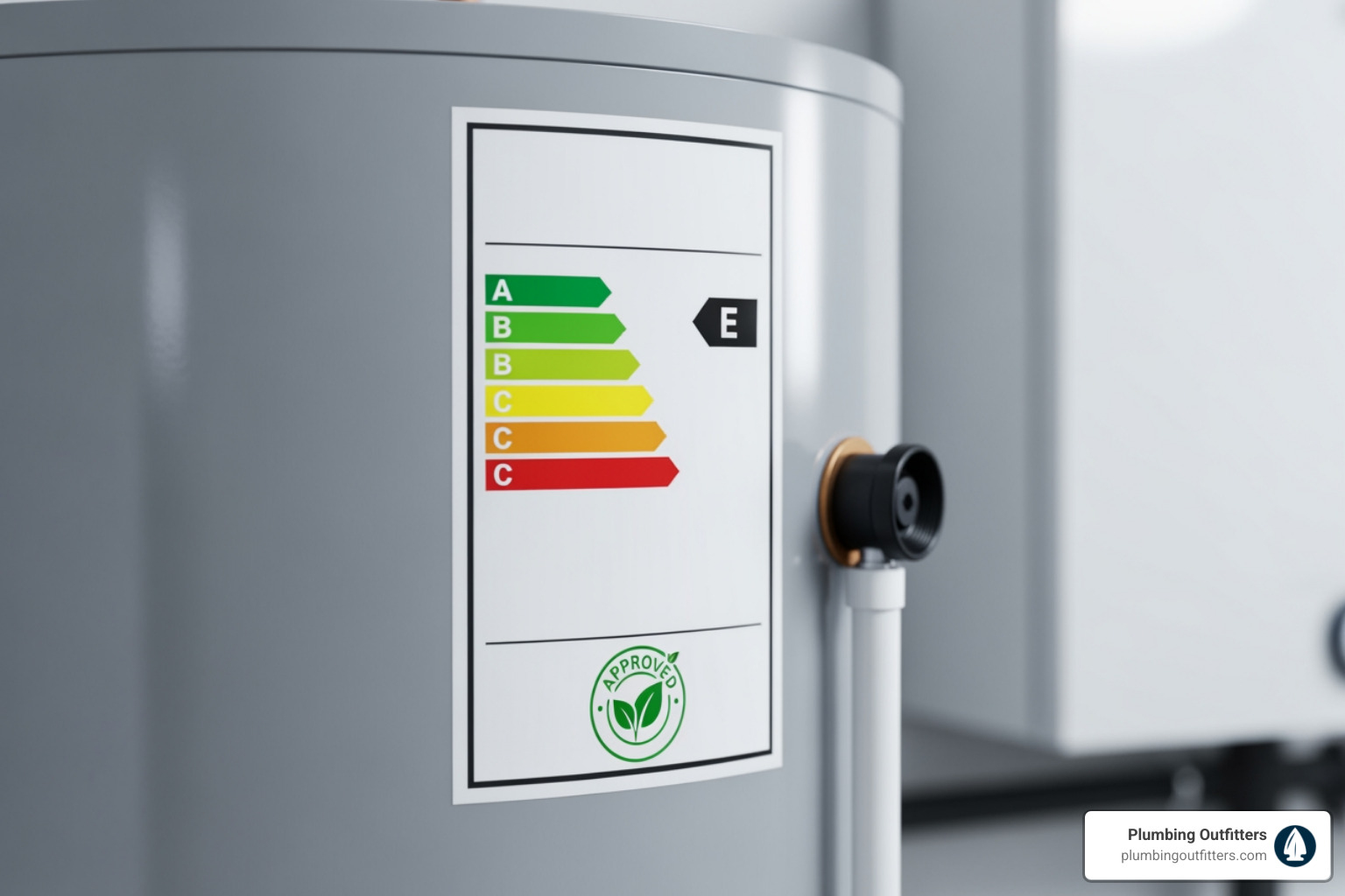 An energy-efficiency sticker on a new water heater, showcasing its impressive performance - Water Heater Replacement in Taylor, TX Energy efficiency label on a water heater with ratings from A to E, highlighting the importance of upgrading to modern, efficient models for better performance and savings.