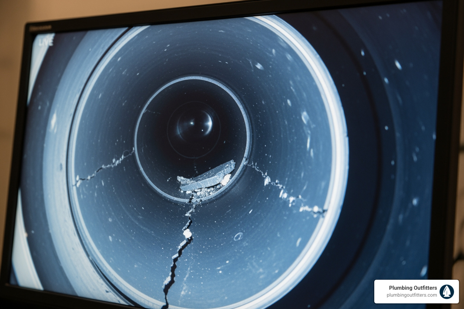 video sewer camera inspection screen - Plumbing Repair in Pflugerville, TX Live view of a cracked sewer pipe interior, showcasing debris and damage, highlighting advanced plumbing diagnostics techniques used by Plumbing Outfitters in Pflugerville, TX.