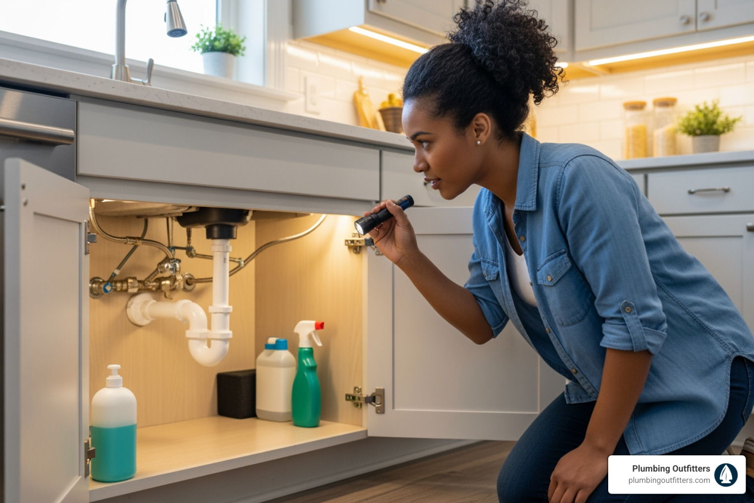 infographic explaining a seasonal plumbing maintenance checklist - Plumbing Repair in Pflugerville, TX Woman inspecting plumbing under kitchen sink with flashlight, highlighting proactive plumbing maintenance and repair.