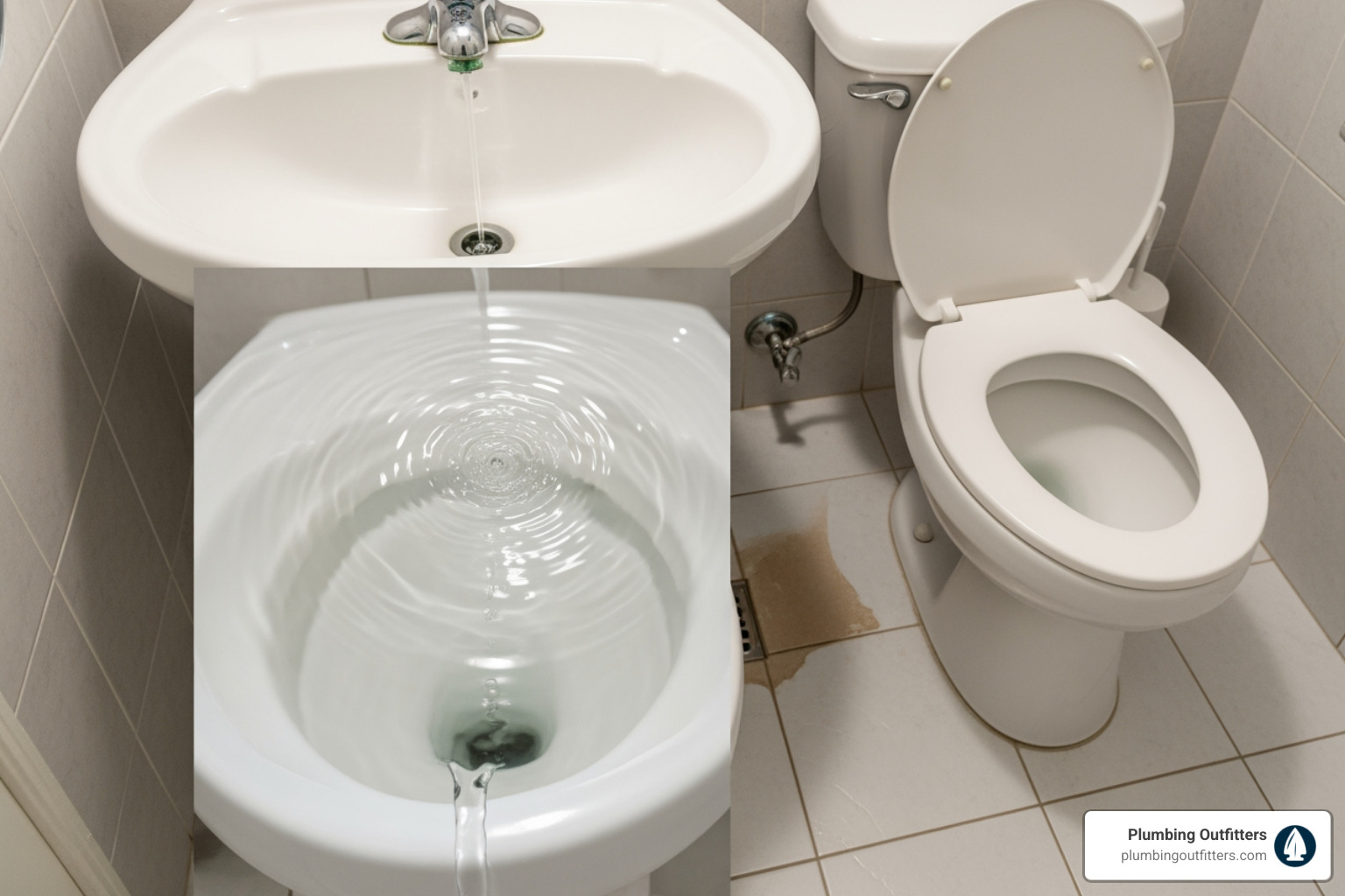 Infographic showing the top 5 most common plumbing issues in Pflugerville homes: clogged drains, leaky faucets, running toilets, water heater malfunctions, and low water pressure, with brief descriptions and warning signs for each - Plumbing Repair in Pflugerville, TX Bathroom scene featuring a running faucet and toilet, illustrating common plumbing issues like leaks and water waste, with Plumbing Outfitters branding visible.