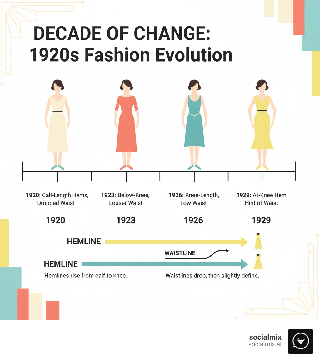 Timeline of 1920s fashion evolution: hemlines and waistlines from 1920 to 1929 - styles of the 1920's fashions infographic Timeline of 1920s fashion evolution: hemlines and waistlines from 1920 to 1929 - styles of the 1920's fashions infographic