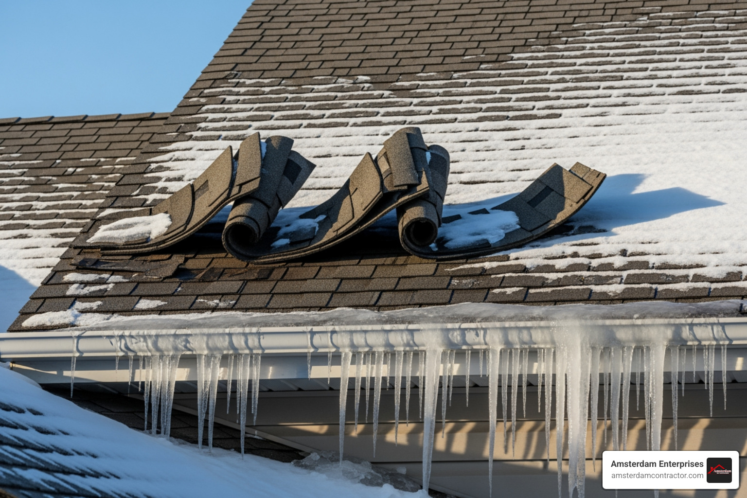 seasonal roof damage, like an ice dam or wind-lifted shingles - roof inspection arlington heights