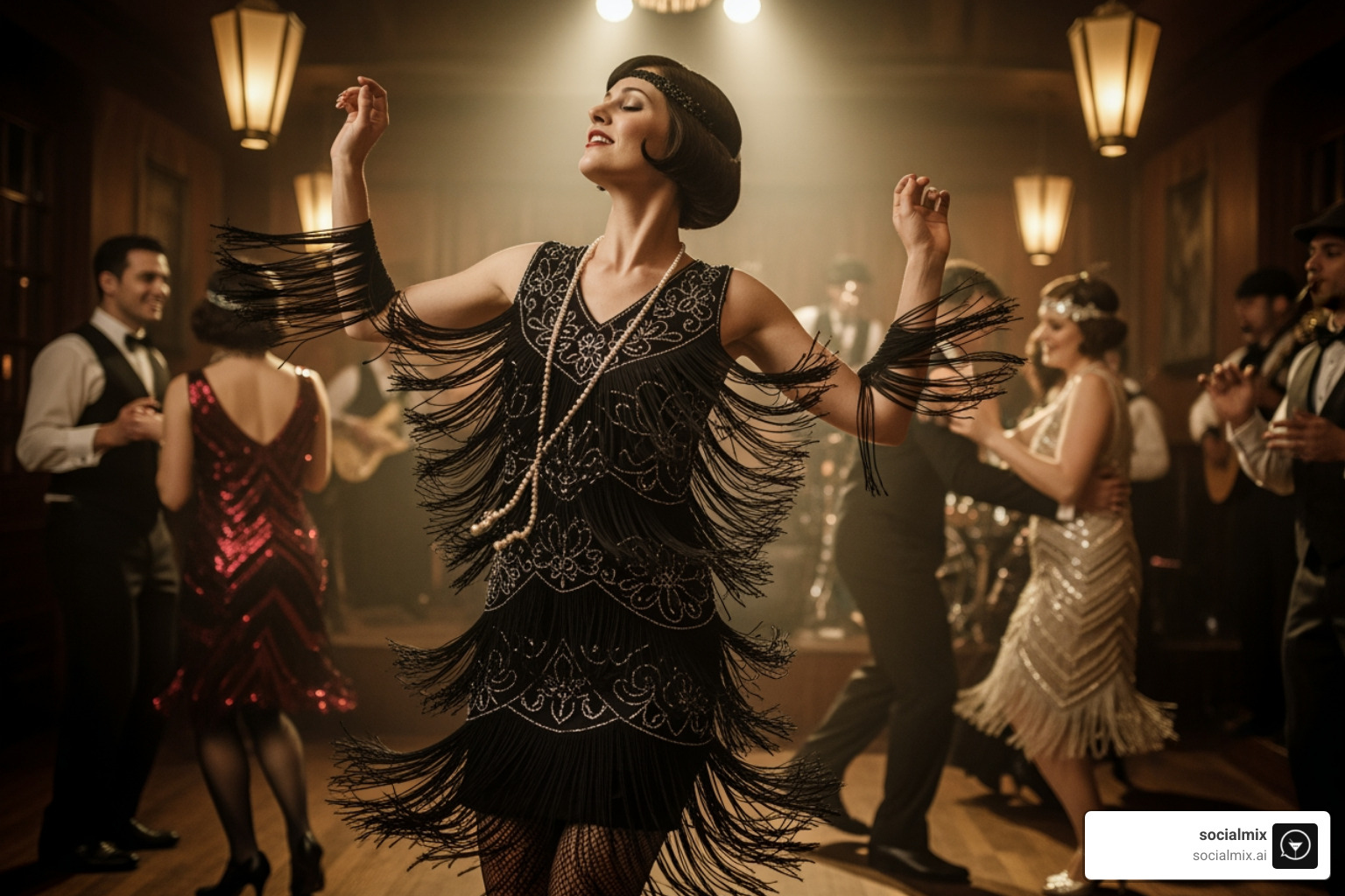 Woman in a classic fringed flapper dress dancing - styles of the 1920's fashions Woman in a classic fringed flapper dress dancing - styles of the 1920's fashions