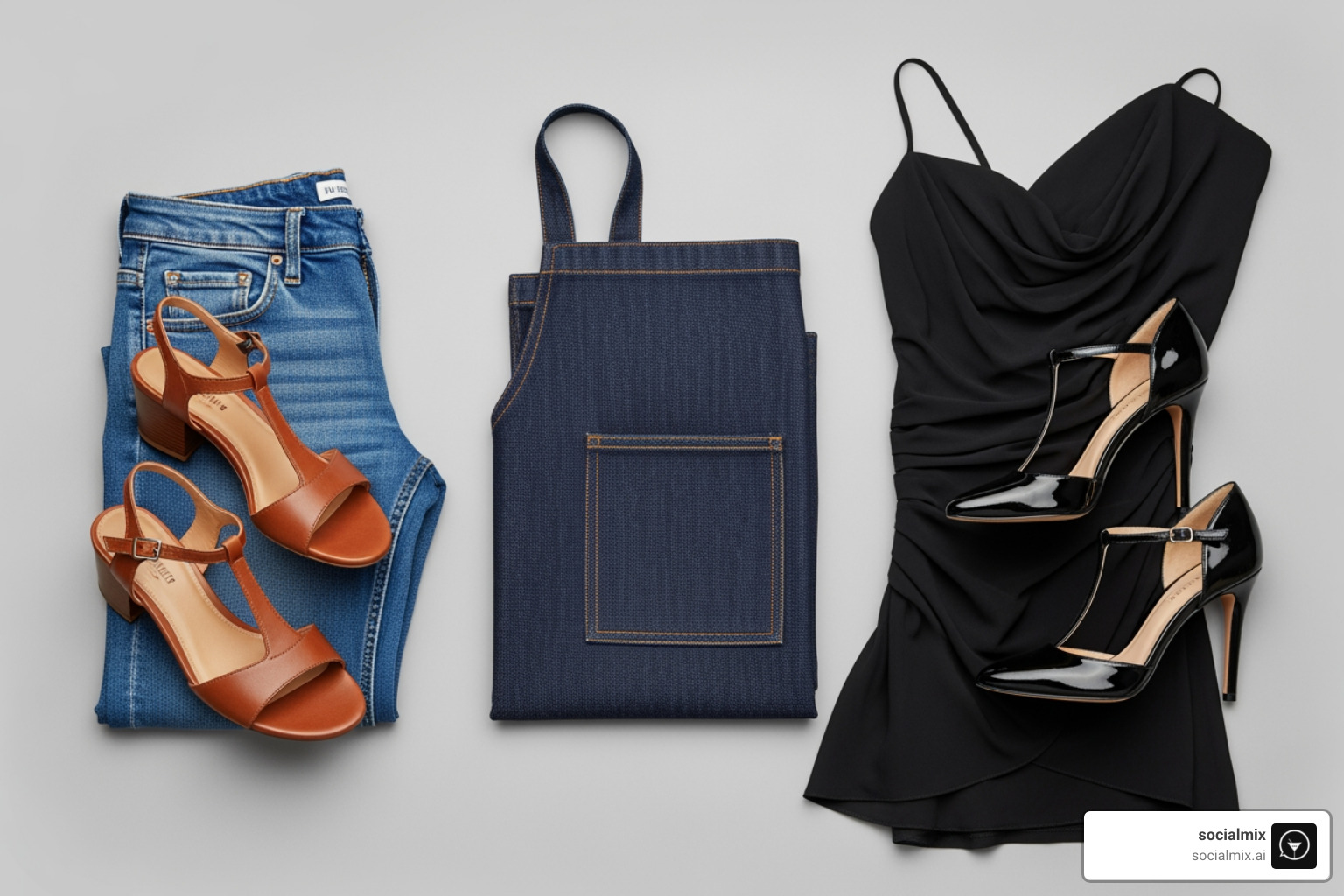 flat lay featuring casual T-strap sandals with jeans, formal T-strap heels with a cocktail dress, and a bartender's apron - t strap shoes flat lay featuring casual T-strap sandals with jeans, formal T-strap heels with a cocktail dress, and a bartender's apron - t strap shoes