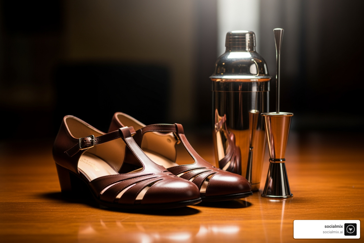 vintage-style T-strap shoes displayed next to a classic cocktail shaker and jigger - t strap shoes vintage-style T-strap shoes displayed next to a classic cocktail shaker and jigger - t strap shoes