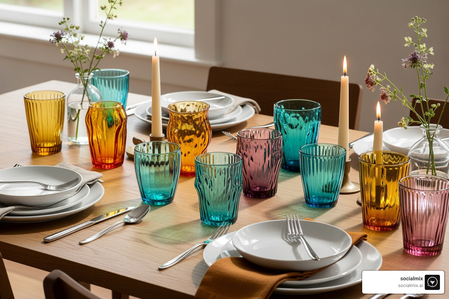 colorful and uniquely shaped Anthropologie glassware on a set dining table - designer glassware sets colorful and uniquely shaped Anthropologie glassware on a set dining table - designer glassware sets