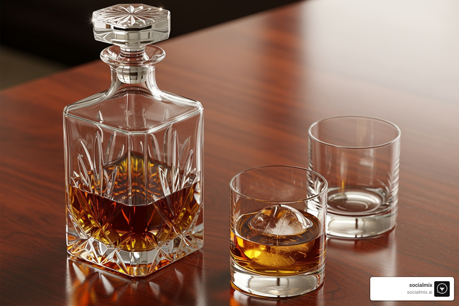 Moser whiskey decanter and tumbler set on a dark wood surface - designer glassware sets Moser whiskey decanter and tumbler set on a dark wood surface - designer glassware sets