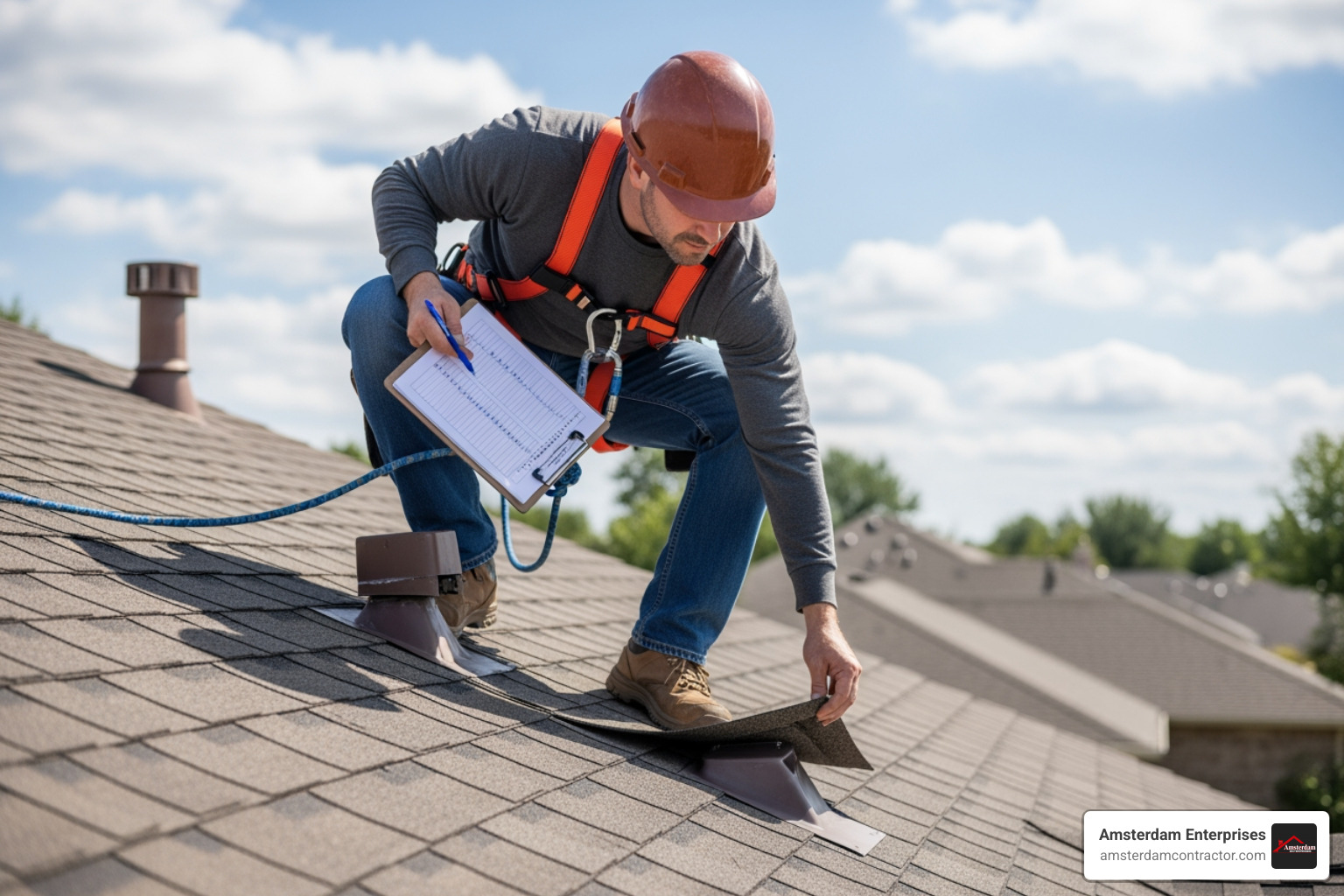 professional roofer inspecting a roof with a checklist - roof maintenance services