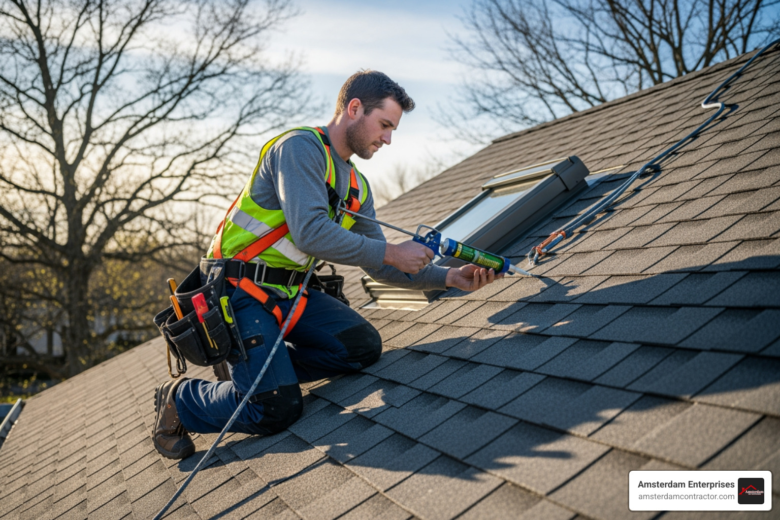 roofer safely harnessed on a steep roof - roof maintenance services