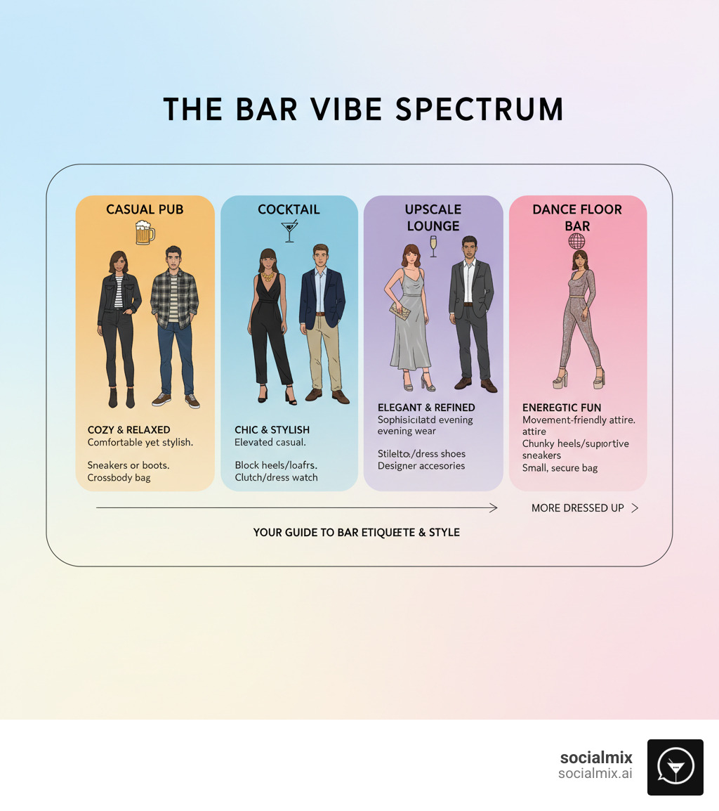 infographic showing the bar vibe spectrum from casual pub to upscale cocktail lounge, with outfit recommendations for each level featuring comfortable yet stylish attire, appropriate footwear, and key accessories like statement jewelry and clutches - what to wear bar infographic 