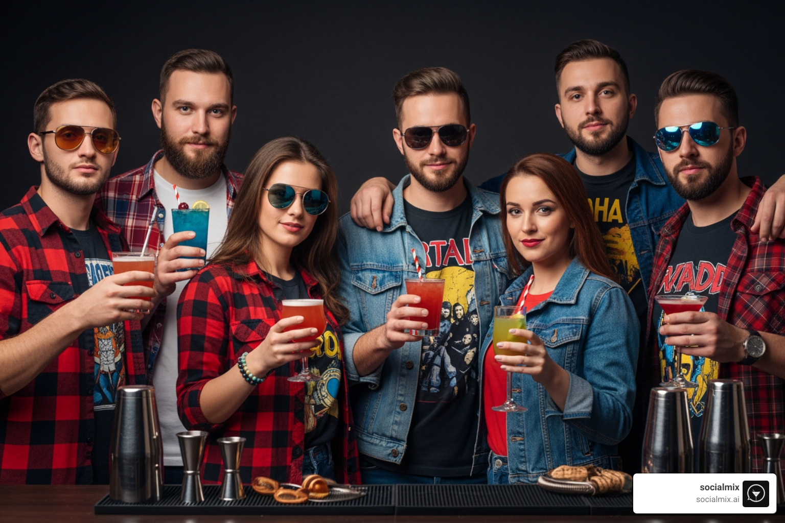A group of friends in 90s-themed Socialmix outfits, complete with flannel, denim, and band tees, posing with colorful cocktails and bartender tools like jiggers and shakers. - what to wear bar