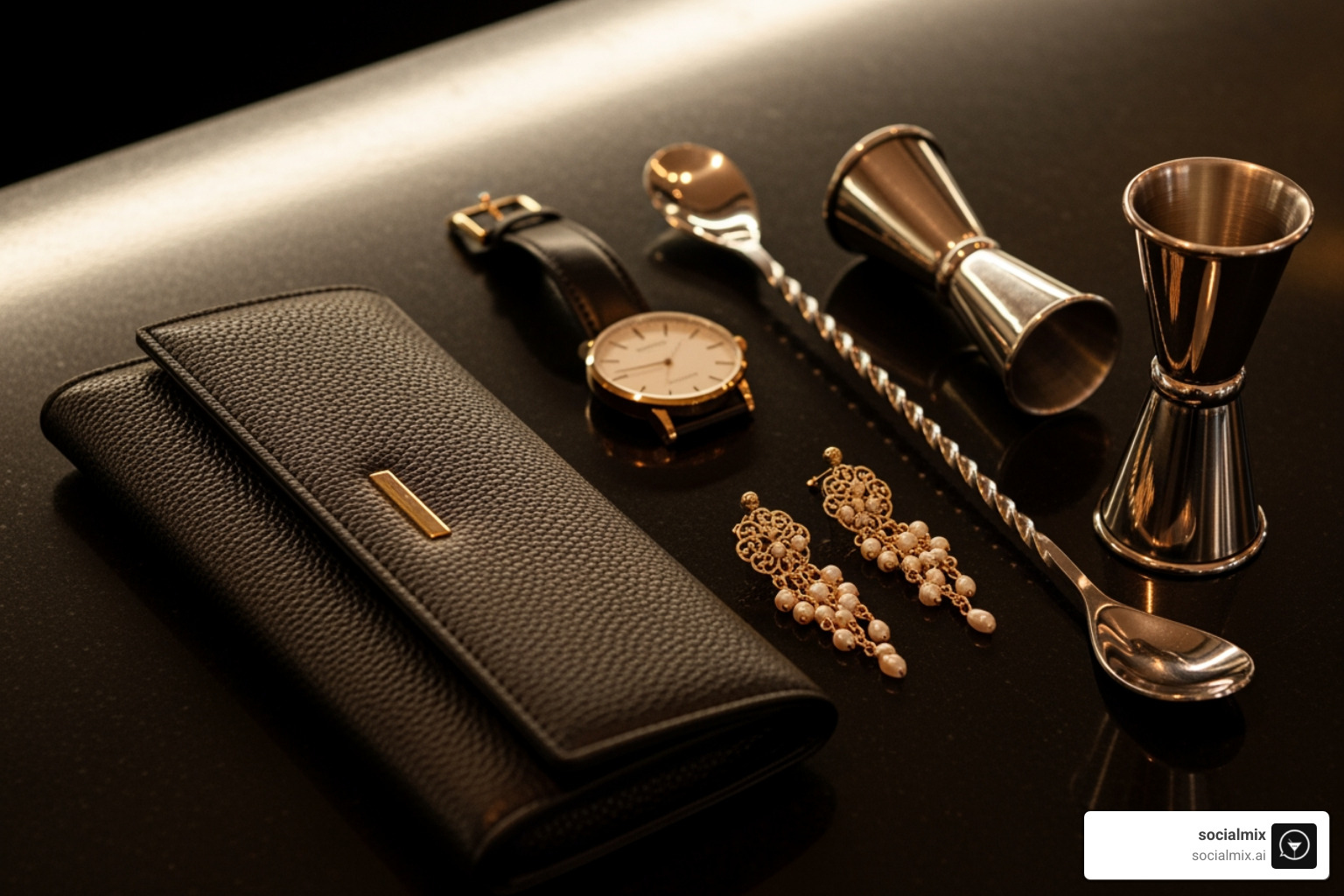 A close-up on stylish accessories including a chic clutch, delicate statement earrings, and a classic watch, perfectly arranged next to a professional bar spoon and jigger on a polished bar top. - what to wear bar