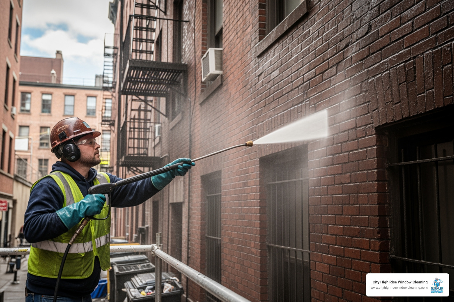 professional technician in full safety gear power washing a brick wall in New York City - Algae removal power washing professional technician in full safety gear power washing a brick wall in New York City - Algae removal power washing