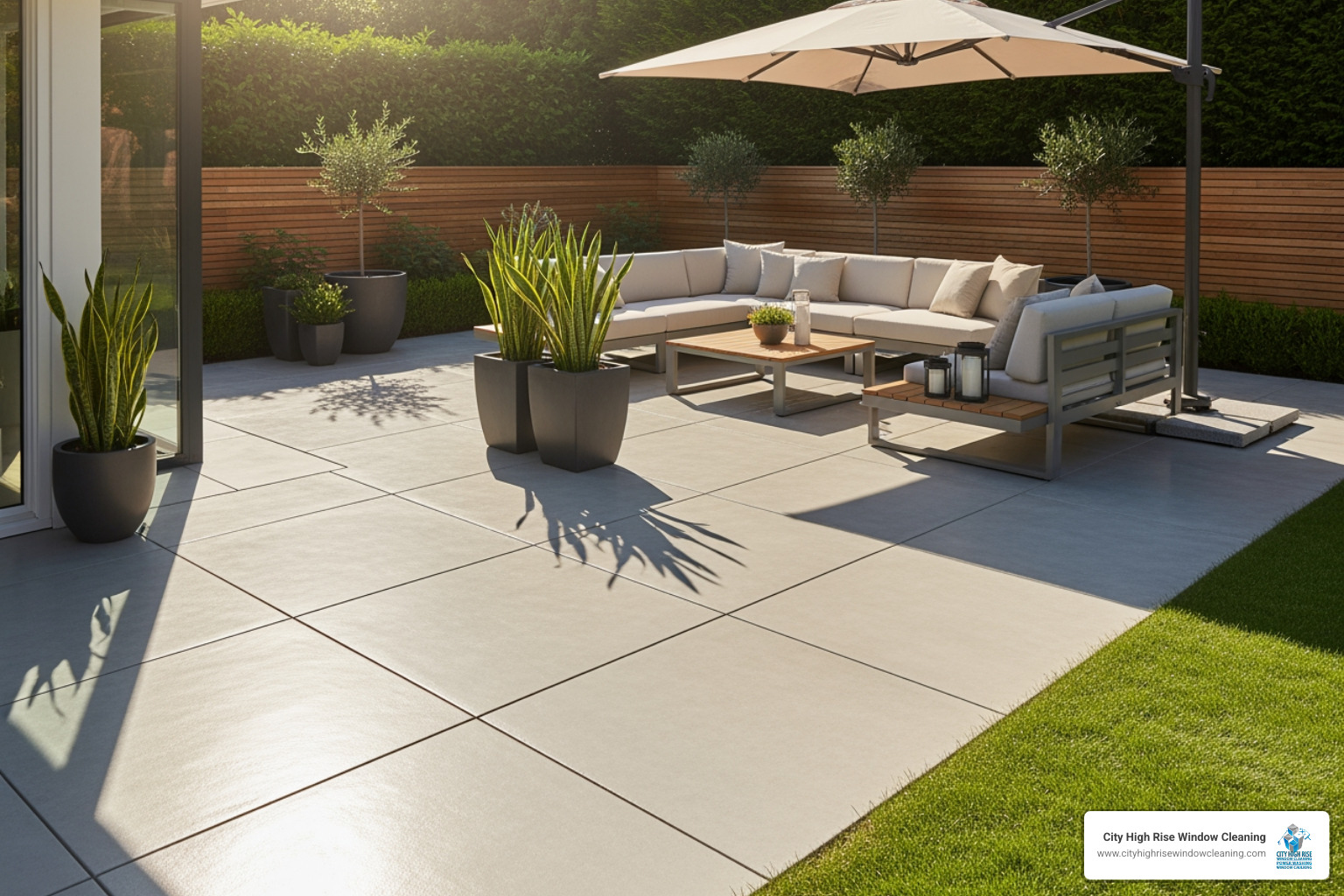 clean, sealed concrete patio shining in the sun - Algae removal power washing clean, sealed concrete patio shining in the sun - Algae removal power washing