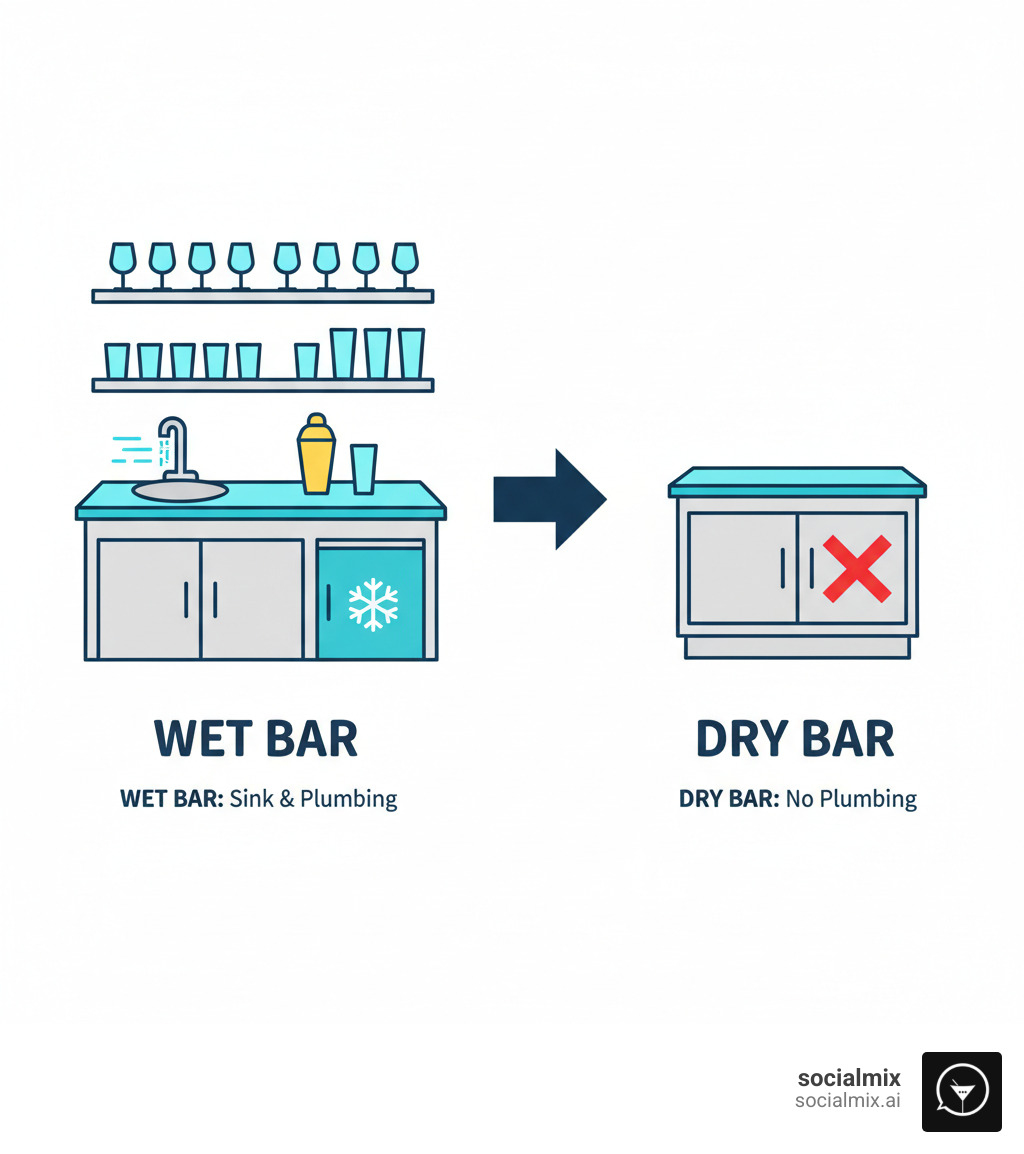 infographic showing wet bar components including sink with running water, countertop space for drink preparation, cabinetry for storage, mini-fridge for chilled beverages, and glassware display compared to dry bar with only storage cabinet and no plumbing - wet bar infographic infographic showing wet bar components including sink with running water, countertop space for drink preparation, cabinetry for storage, mini-fridge for chilled beverages, and glassware display compared to dry bar with only storage cabinet and no plumbing - wet bar infographic