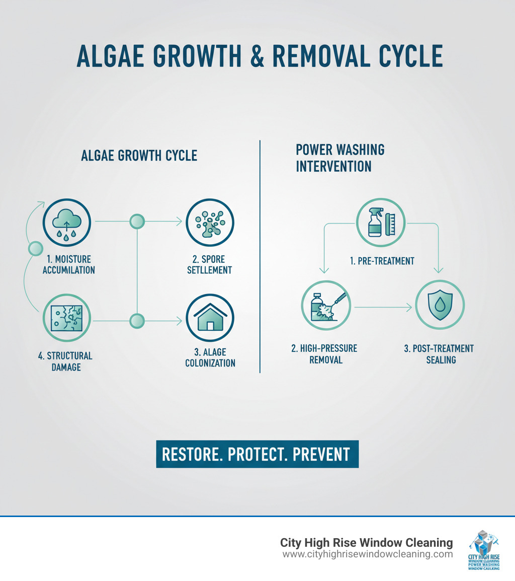 Infographic showing the algae growth cycle on exterior surfaces: moisture accumulation, spore settlement, algae colonization, structural damage, and the power washing intervention process with pre-treatment, high-pressure removal, and post-treatment sealing - Algae removal power washing infographic Infographic showing the algae growth cycle on exterior surfaces: moisture accumulation, spore settlement, algae colonization, structural damage, and the power washing intervention process with pre-treatment, high-pressure removal, and post-treatment sealing - Algae removal power washing infographic