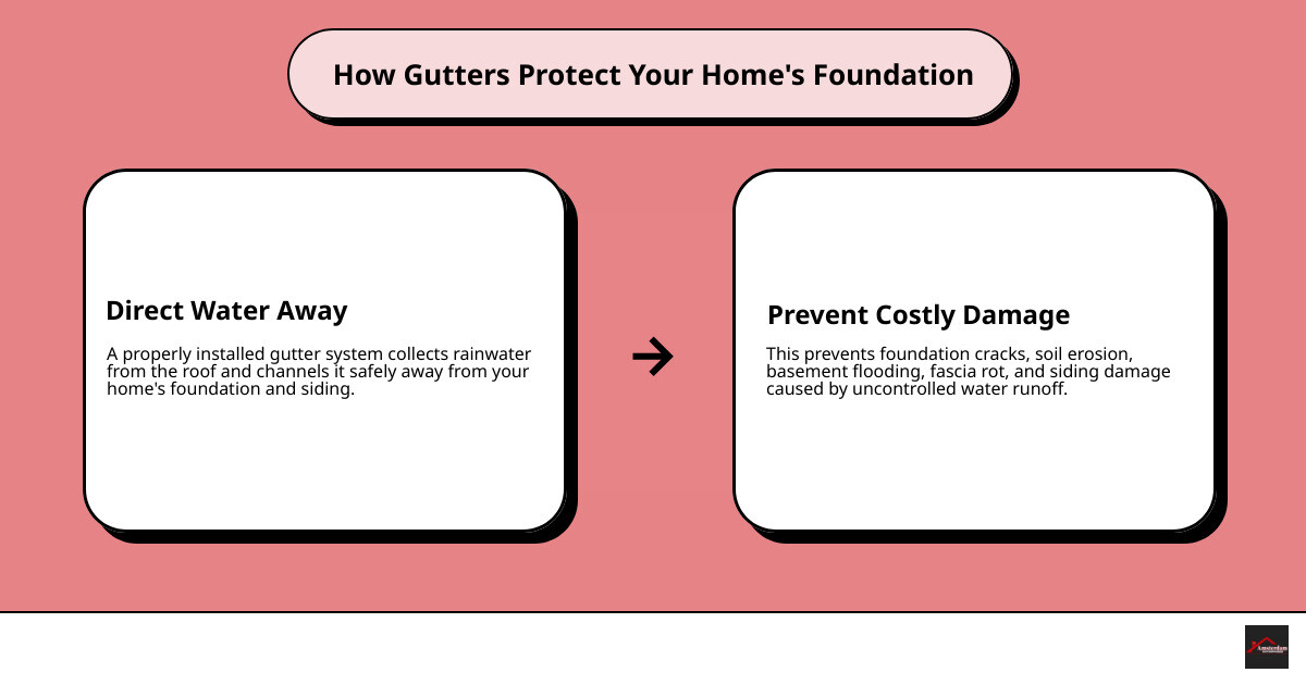 infographic showing how gutters protect a home foundation from water damage, with arrows indicating water flow away from the foundation, and illustrations of damage prevention including foundation cracks, soil erosion, basement flooding, and fascia rot - gutter replacement companies infographic cause_effect_text