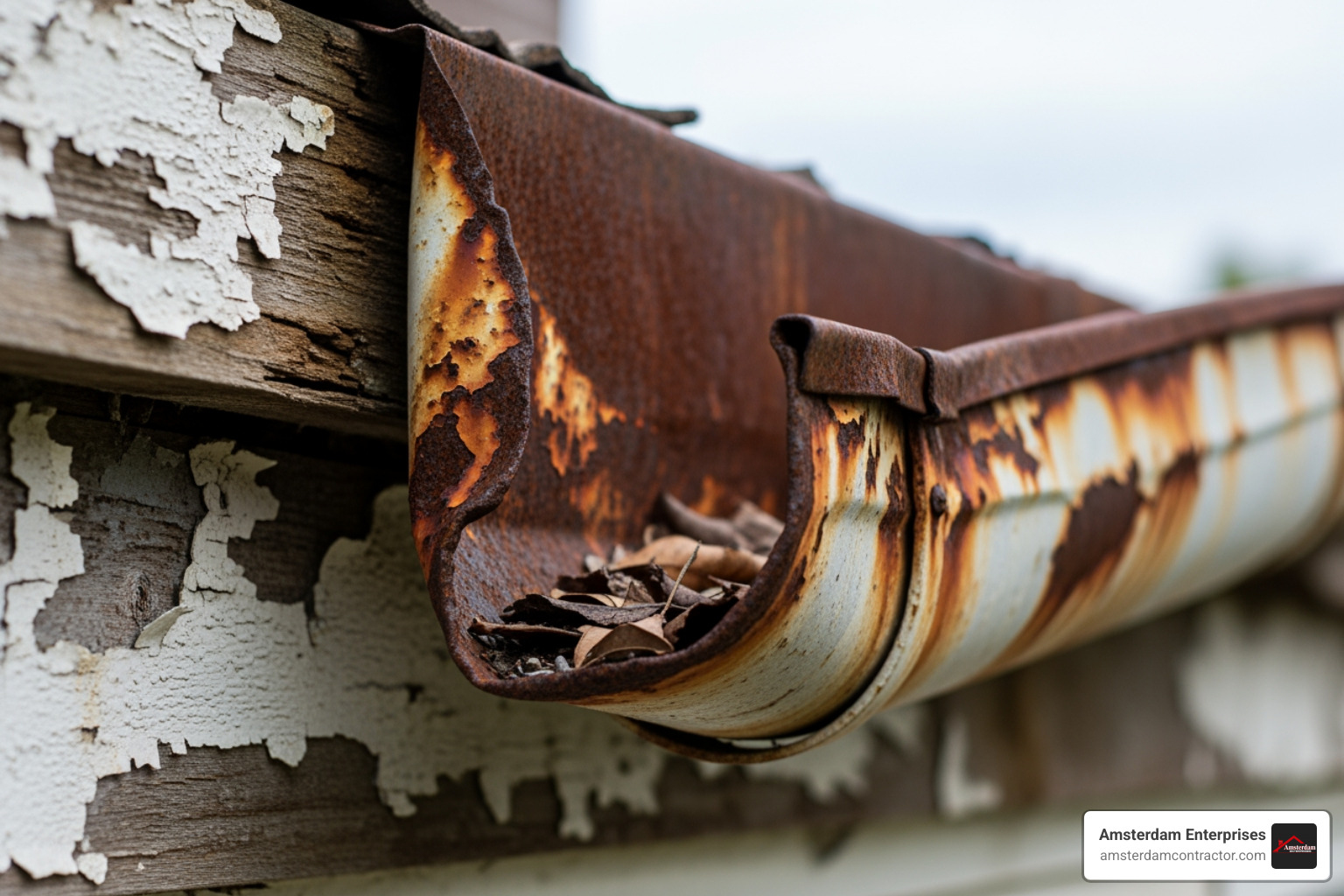 sagging and rusty gutter with peeling paint on the fascia board - gutter replacement companies