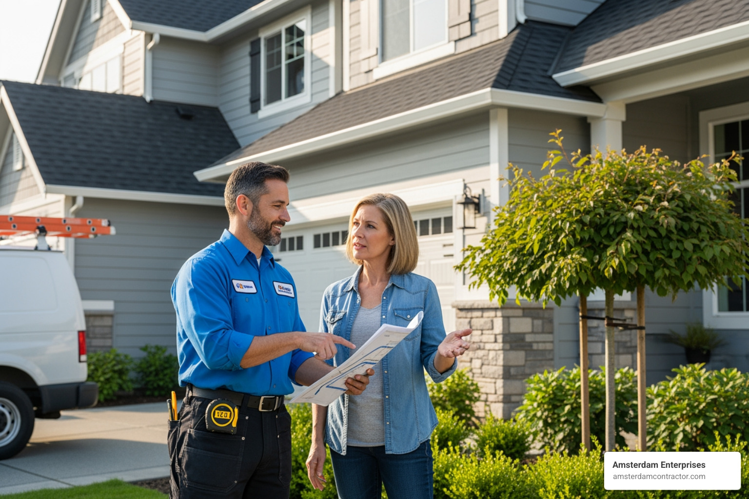 friendly contractor discussing a gutter project with a homeowner - gutter replacement companies