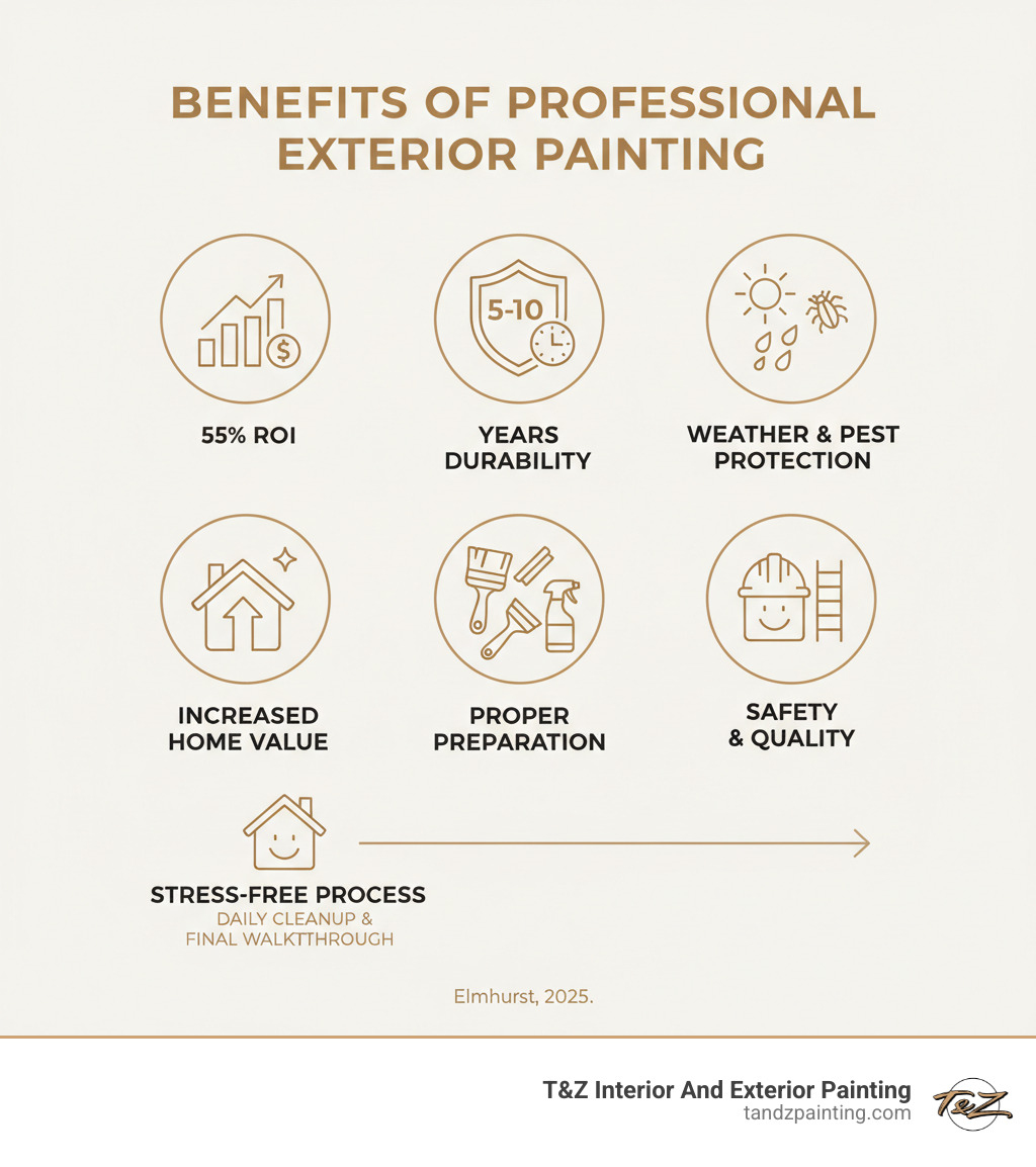 Infographic showing the benefits of professional exterior painting: 55% ROI on investment, 5-10 year paint durability, protection from weather and insects, increased home value and curb appeal, proper surface preparation including washing scraping caulking and priming, professional equipment and safety protocols, stress-free process with daily cleanup and final walkthrough - exterior house painters elmhurst infographic Infographic showing the benefits of professional exterior painting: 55% ROI on investment, 5-10 year paint durability, protection from weather and insects, increased home value and curb appeal, proper surface preparation including washing scraping caulking and priming, professional equipment and safety protocols, stress-free process with daily cleanup and final walkthrough - exterior house painters elmhurst infographic