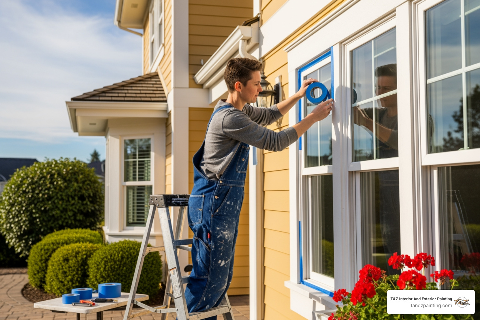 of a painter carefully taping windows and trim before painting - exterior house painters elmhurst of a painter carefully taping windows and trim before painting - exterior house painters elmhurst