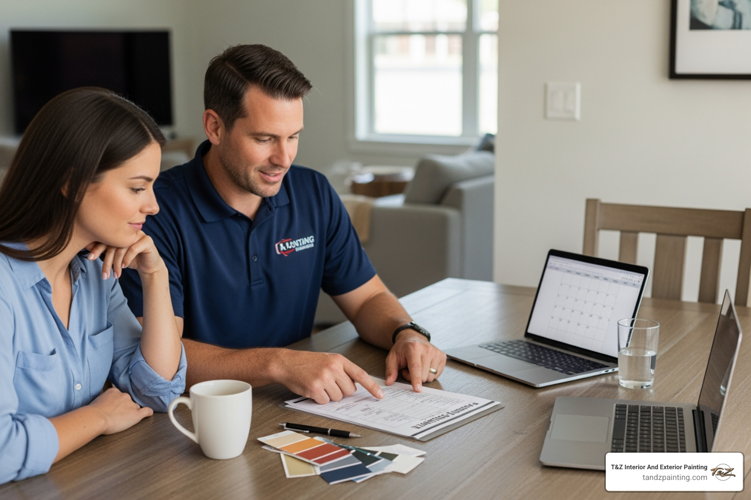 of a homeowner reviewing a painting estimate with a contractor - exterior house painters elmhurst of a homeowner reviewing a painting estimate with a contractor - exterior house painters elmhurst