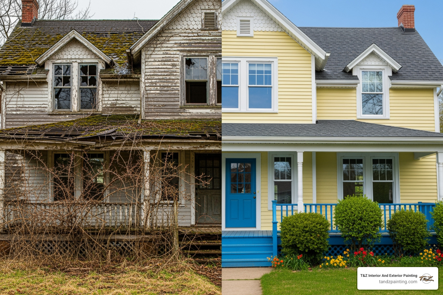 A split-screen image showing a dilapidated house exterior on one side and the same house looking vibrant and newly painted on the other side. - exterior painting norridge