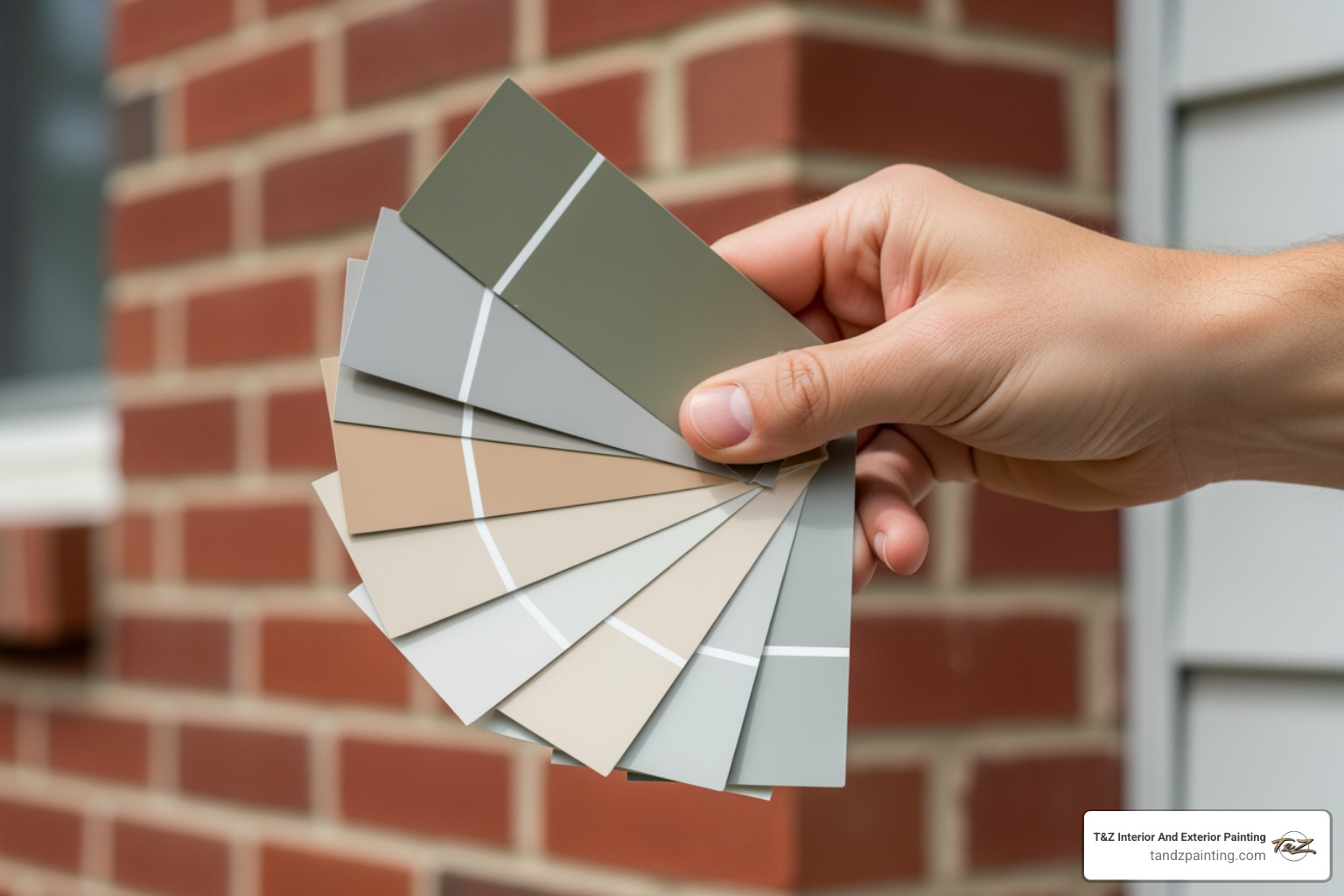 A close-up image of a hand holding several paint swatches against the exterior of a home, showing brick and siding, under natural light. - exterior painting norridge