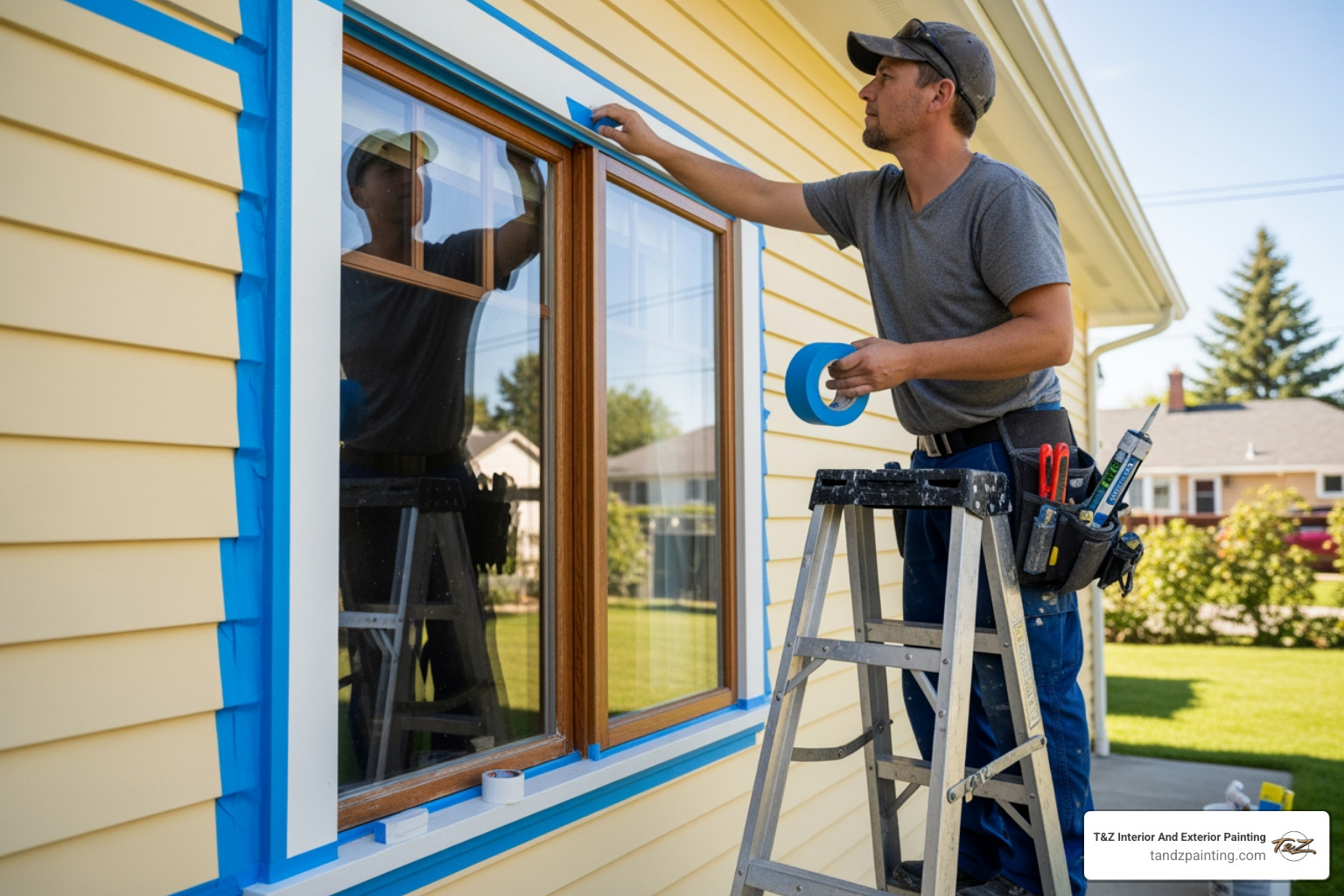 A painter carefully applies masking tape around a window frame and trim on a house exterior, demonstrating meticulous preparation before painting. - exterior painting norridge