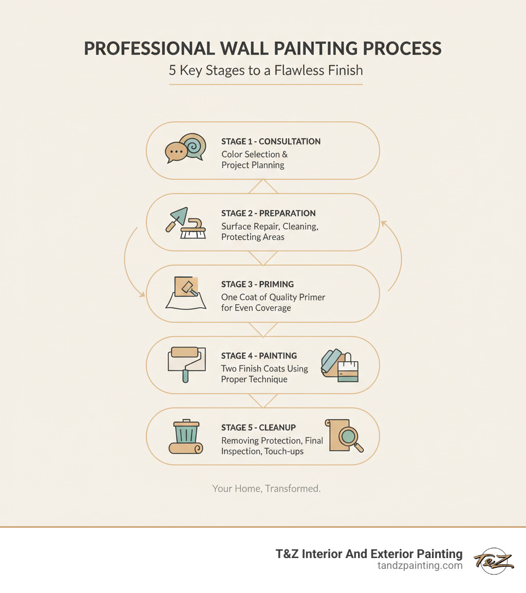 Infographic showing the 5 key stages of professional wall painting: Stage 1 - Consultation (color selection and project planning), Stage 2 - Preparation (surface repair, cleaning, protecting areas), Stage 3 - Priming (one coat of quality primer for even coverage), Stage 4 - Painting (two finish coats using proper technique), and Stage 5 - Cleanup (removing protection, final inspection, touch-ups) - Professional wall painting infographic 