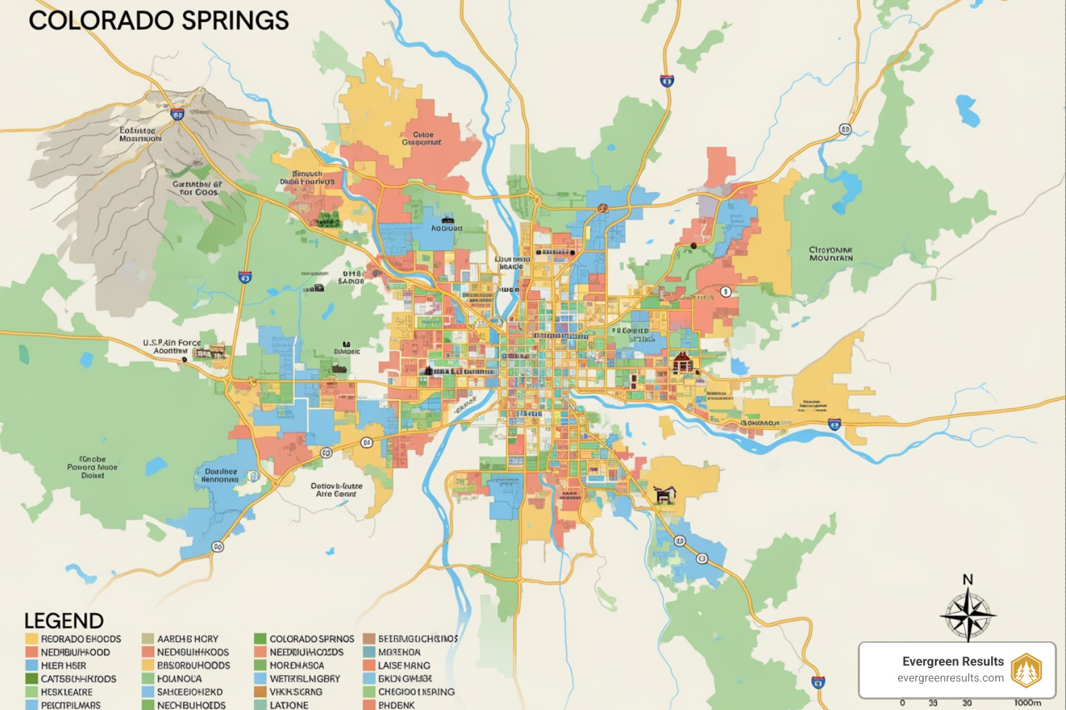Different neighborhoods of Colorado Springs on a map - colorado springs keyword research