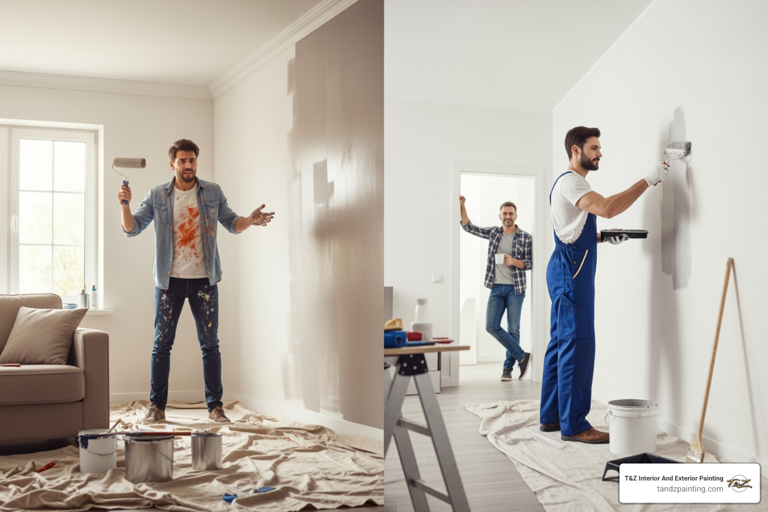 homeowner looking stressed while DIY painting vs. a relaxed homeowner with a professional painter in the background - Professional wall painting