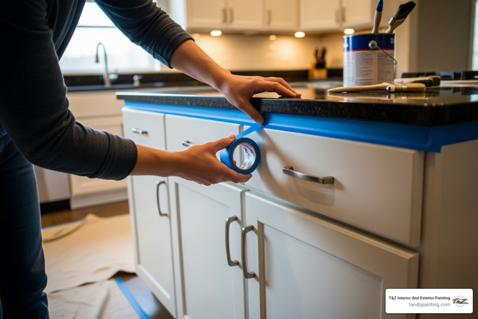 person carefully applying painter's tape around kitchen cabinets and countertops - Kitchen wall painting