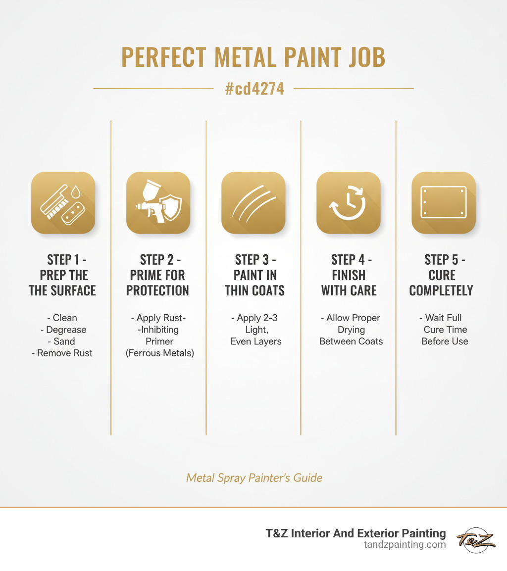 Infographic showing 5 key steps to a perfect metal paint job: Step 1 - Prep the Surface (clean, degrease, sand, remove rust), Step 2 - Prime for Protection (apply rust-inhibiting primer to ferrous metals), Step 3 - Paint in Thin Coats (apply 2-3 light, even layers), Step 4 - Finish with Care (allow proper drying between coats), Step 5 - Cure Completely (wait full cure time before use) - metal spray painter infographic 
