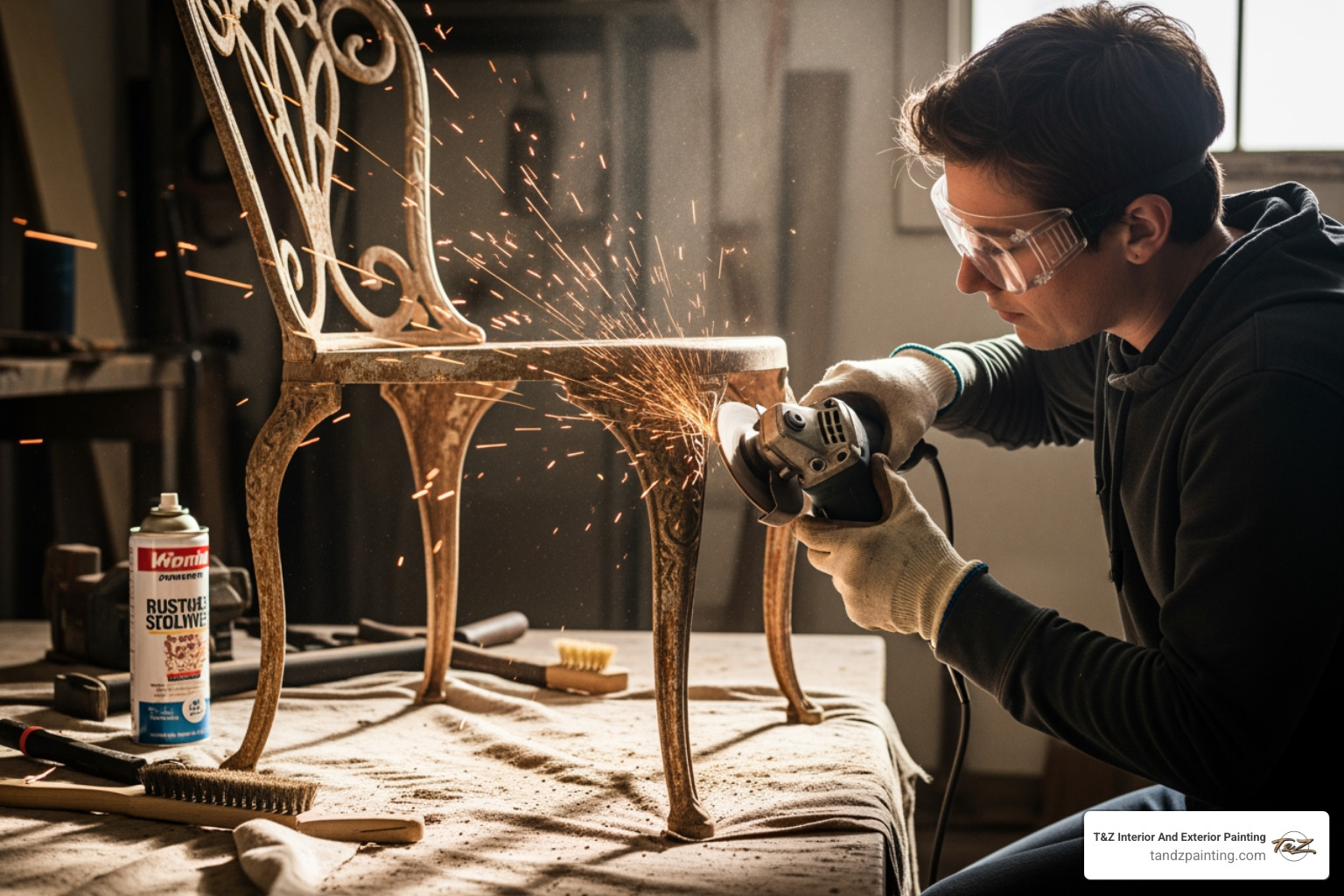 person sanding rusty metal chair - metal spray painter