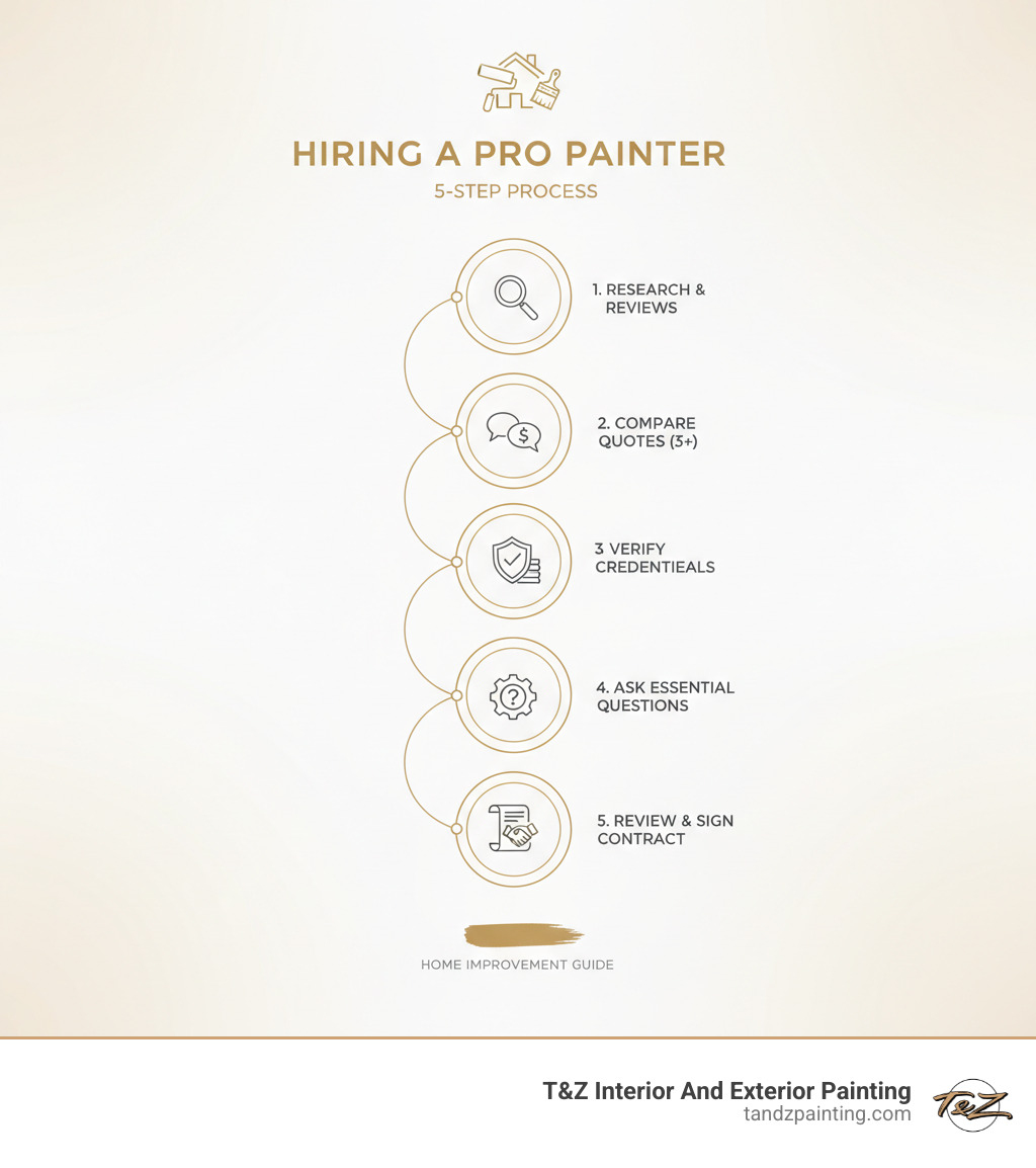 Infographic showing the 5-step process of hiring a professional interior painting contractor: 1. Research local contractors through reviews and directories, 2. Request and compare detailed quotes from at least 3 contractors, 3. Verify licensing, insurance, and references, 4. Ask essential questions about process, materials, and timeline, 5. Review contract terms including warranty before signing - interior painting contractor in my area infographic Infographic showing the 5-step process of hiring a professional interior painting contractor: 1. Research local contractors through reviews and directories, 2. Request and compare detailed quotes from at least 3 contractors, 3. Verify licensing, insurance, and references, 4. Ask essential questions about process, materials, and timeline, 5. Review contract terms including warranty before signing - interior painting contractor in my area infographic