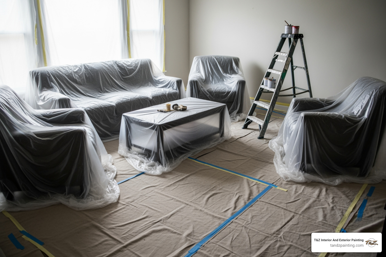 room with furniture covered and floors protected with drop cloths - interior painting contractor in my area room with furniture covered and floors protected with drop cloths - interior painting contractor in my area