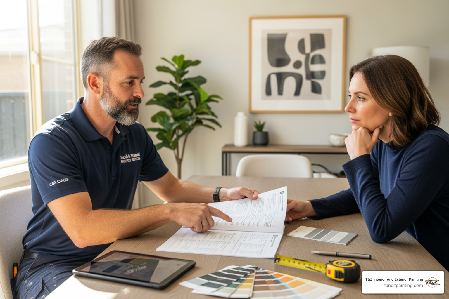 painter providing a detailed quote to a homeowner - interior painting contractor in my area painter providing a detailed quote to a homeowner - interior painting contractor in my area
