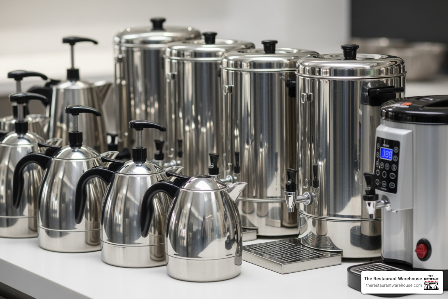 Various types of hot beverage dispensers side-by-side, including airpots, large urns, and countertop hot water dispensers - hot beverage dispenser
