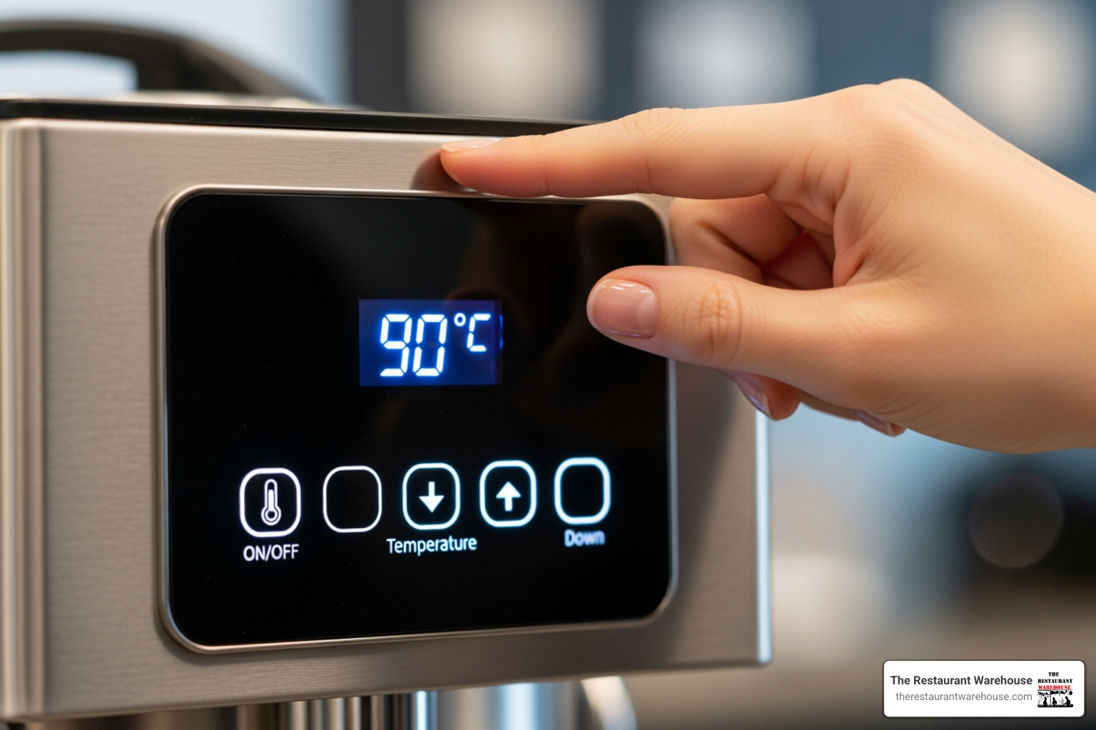 A person's hand pointing to the digital temperature control panel on a hot beverage dispenser - hot beverage dispenser
