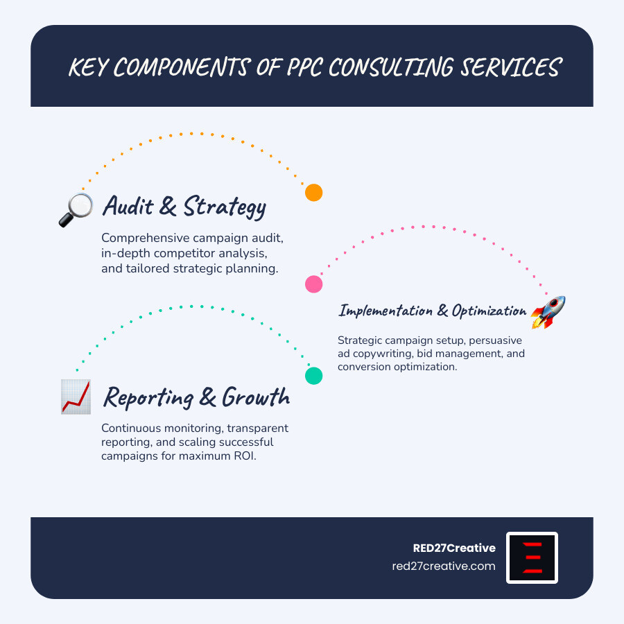 Infographic showing the key components of PPC consulting services: comprehensive audit, strategic planning, campaign setup, bid management, conversion optimization, and ongoing reporting - PPC consulting services infographic infographic-line-3-steps-blues-accent_colors Infographic showing the key components of PPC consulting services: comprehensive audit, strategic planning, campaign setup, bid management, conversion optimization, and ongoing reporting - PPC consulting services infographic infographic-line-3-steps-blues-accent_colors
