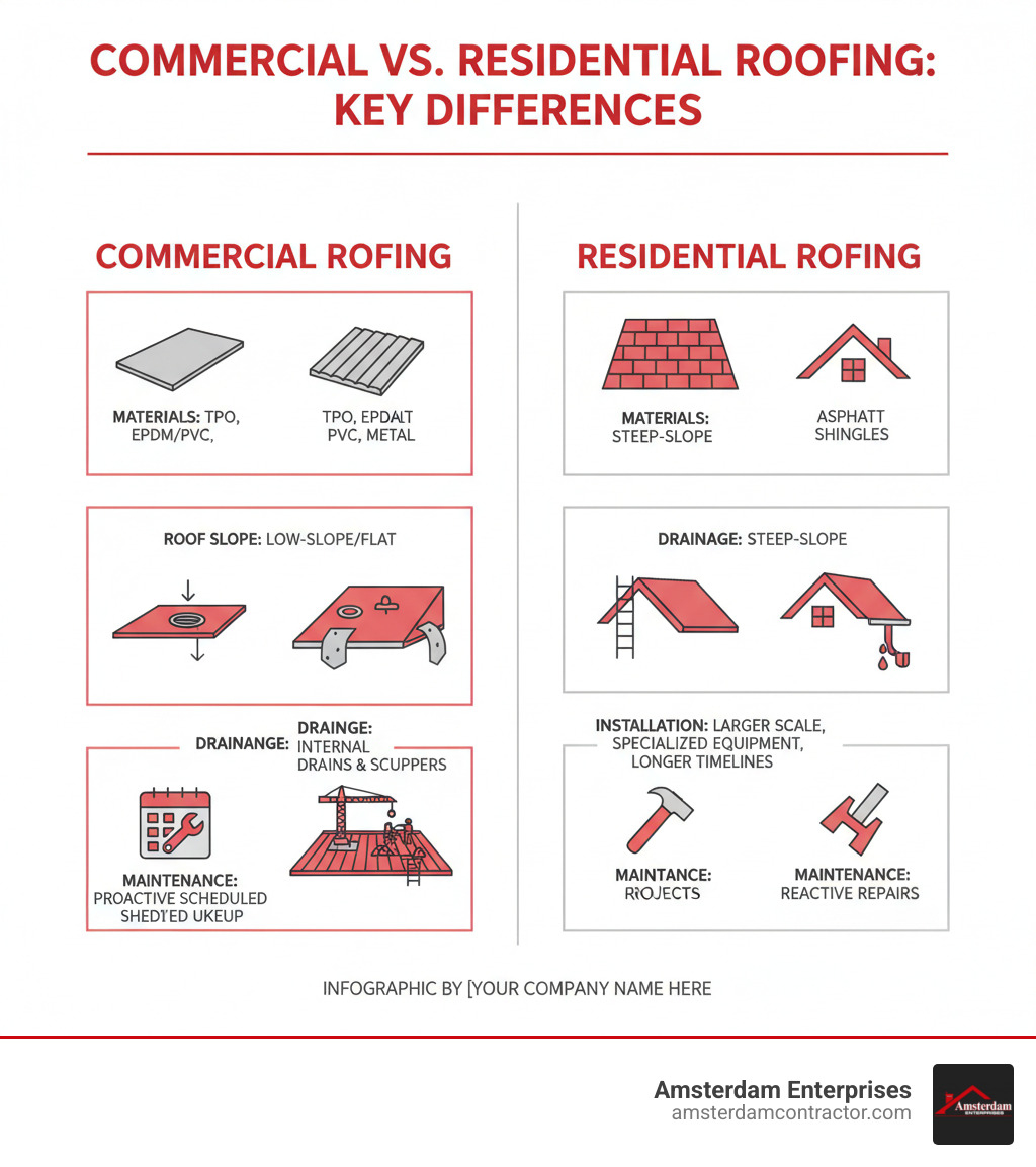 Infographic showing the key differences between commercial and residential roofing, including materials used (TPO, EPDM, PVC, metal vs asphalt shingles), roof slope (low-slope/flat vs steep-slope), drainage systems (internal drains and scuppers vs gutters), installation complexity (larger scale, specialized equipment, longer timelines vs smaller projects), and maintenance requirements (proactive scheduled maintenance vs reactive repairs) - commercial roofing contractors infographic Infographic showing the key differences between commercial and residential roofing, including materials used (TPO, EPDM, PVC, metal vs asphalt shingles), roof slope (low-slope/flat vs steep-slope), drainage systems (internal drains and scuppers vs gutters), installation complexity (larger scale, specialized equipment, longer timelines vs smaller projects), and maintenance requirements (proactive scheduled maintenance vs reactive repairs) - commercial roofing contractors infographic