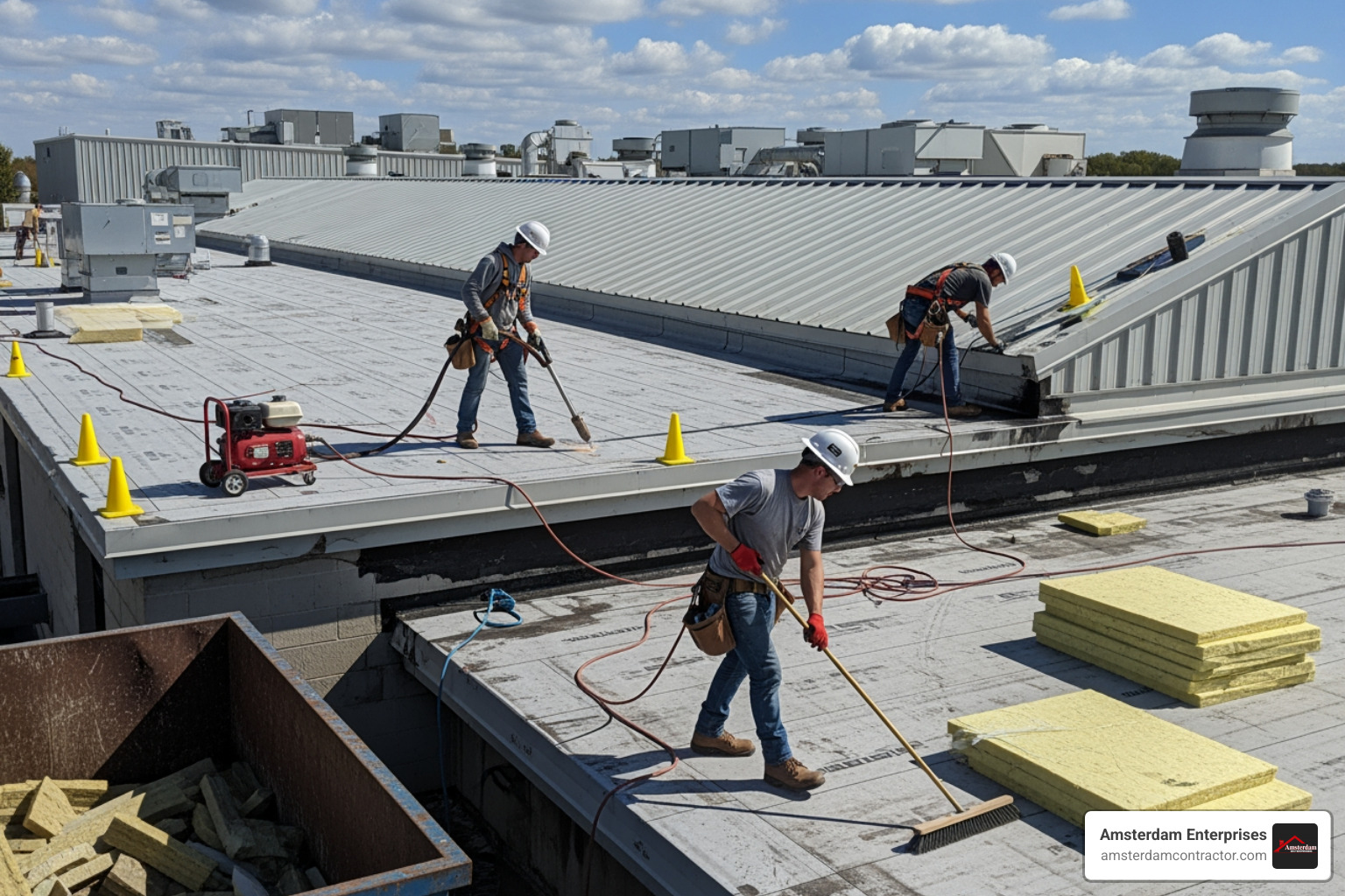 A commercial roofing crew working on a large, complex industrial roof with both flat and sloped sections, showcasing specialized equipment and safety measures - commercial roofing contractors A commercial roofing crew working on a large, complex industrial roof with both flat and sloped sections, showcasing specialized equipment and safety measures - commercial roofing contractors