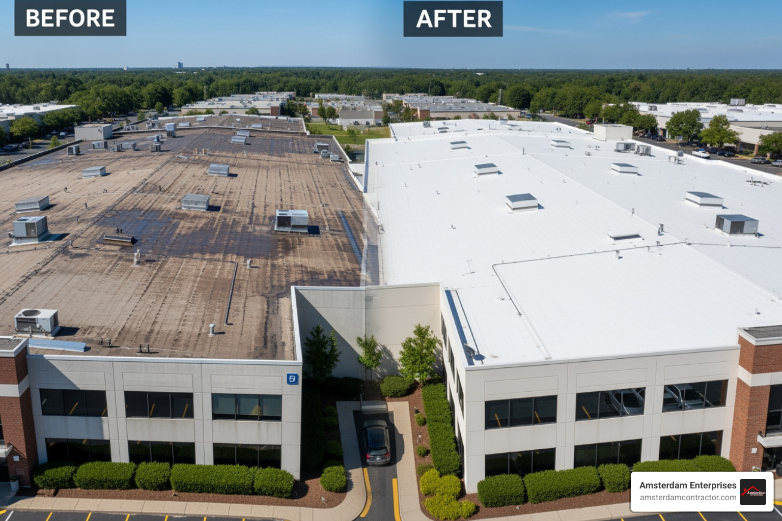 A striking before-and-after image of a large commercial building roof. The "before" shows an aged, worn, and possibly leaking roof. The "after" displays a newly installed, pristine, and modern TPO or EPDM roofing system, highlighting improved aesthetics and functionality. - commercial roofing contractors A striking before-and-after image of a large commercial building roof. The "before" shows an aged, worn, and possibly leaking roof. The "after" displays a newly installed, pristine, and modern TPO or EPDM roofing system, highlighting improved aesthetics and functionality. - commercial roofing contractors
